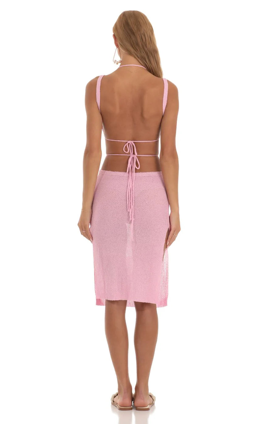 Ixora Crochet Cutout Midi Dress in Pink