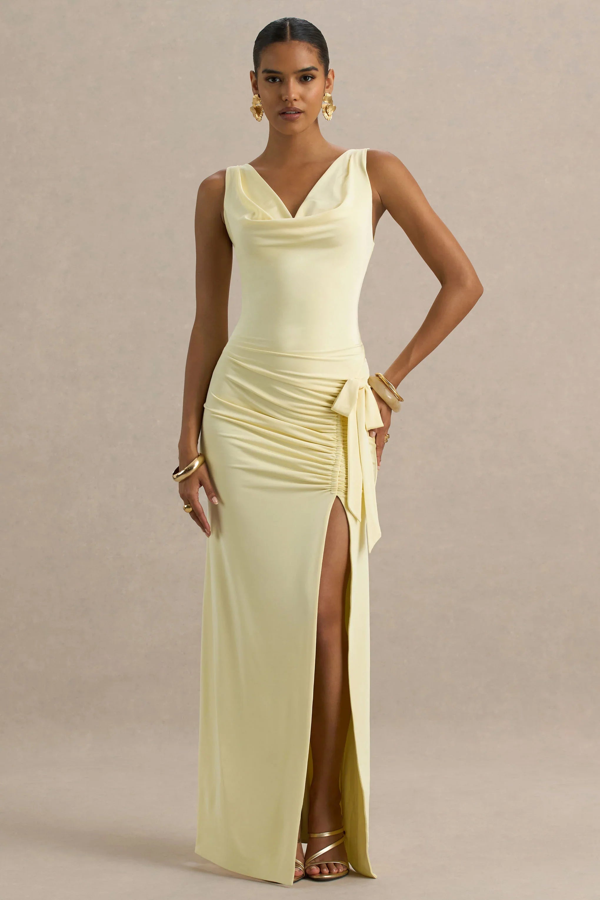 Pure Affection Pale Lemon Cowl Neck Maxi Dress With Ruched Detailing And Front High Split