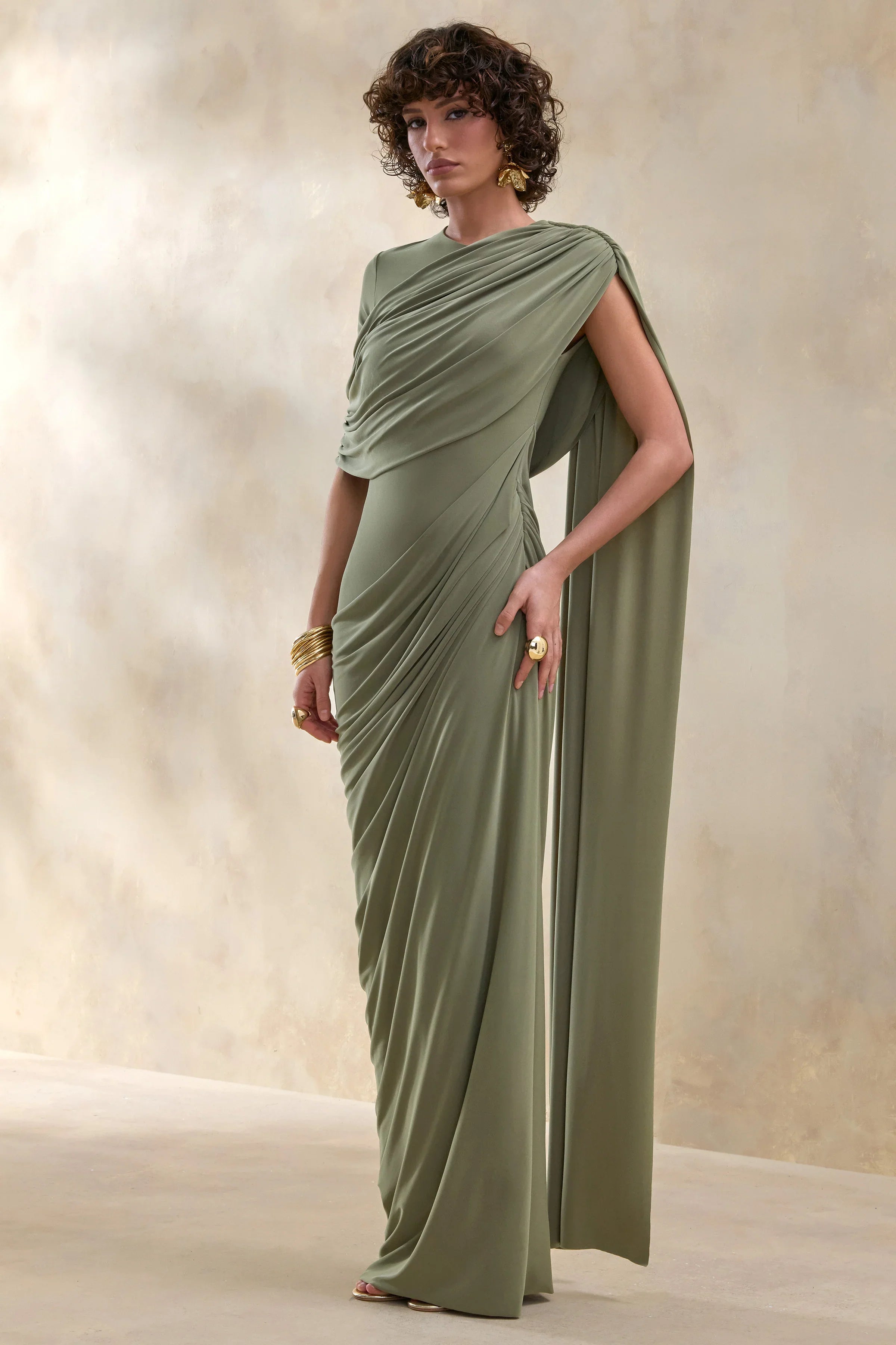 Gisara Olive High Neck Maxi Dress With Sash And Draped Detailing