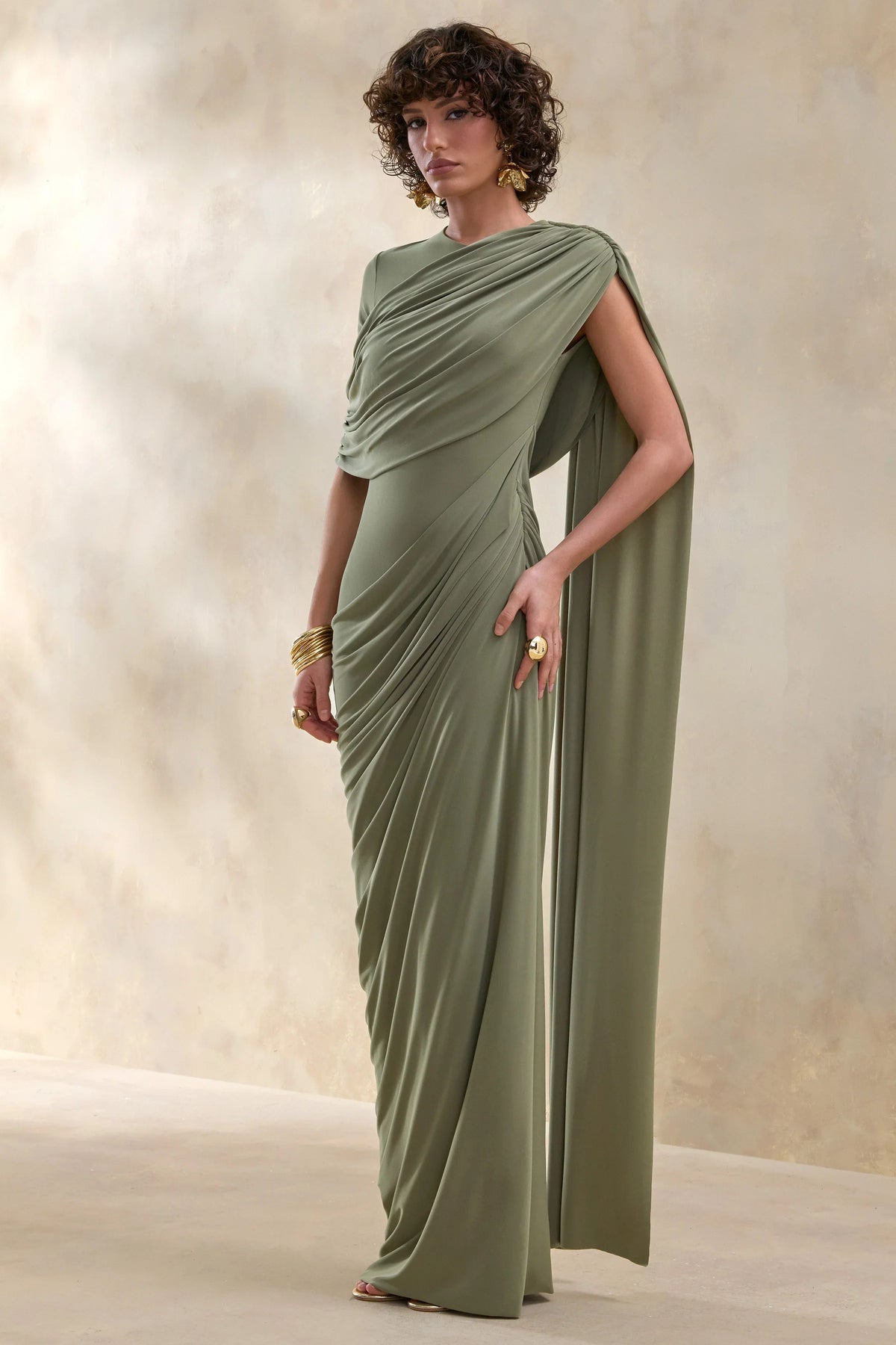 Gisara Olive High Neck Maxi Dress With Sash And Draped Detailing