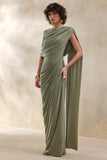 Gisara Olive High Neck Maxi Dress With Sash And Draped Detailing