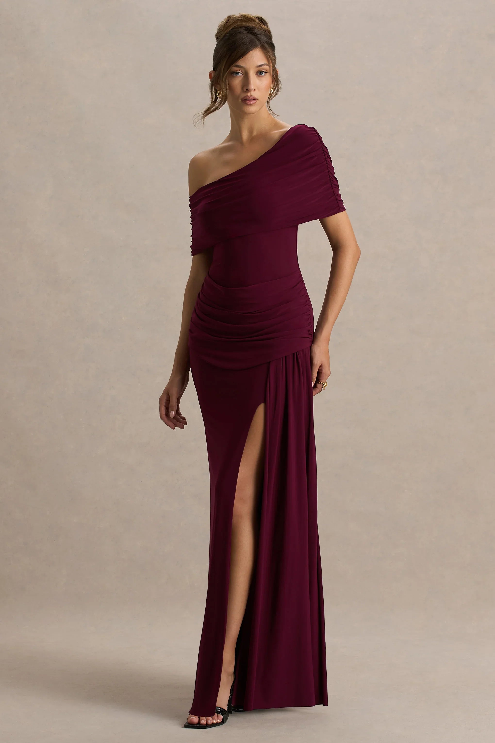 Dynasty Burgundy Asymmetric Neck Maxi Dress With Ruched Detailing And Front High Split