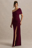 Dynasty Burgundy Asymmetric Neck Maxi Dress With Ruched Detailing And Front High Split