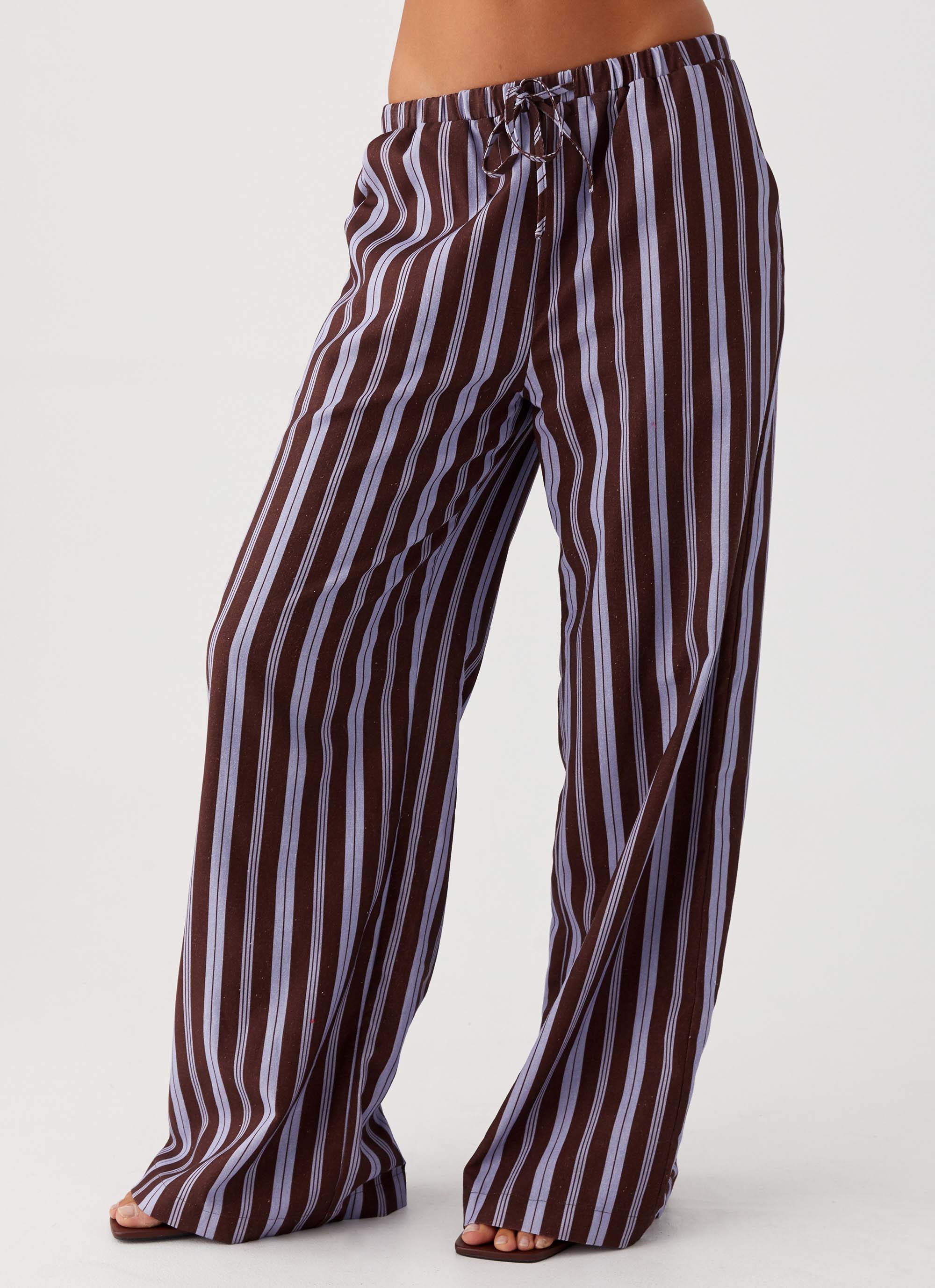 Fresh Face Linen Pants Purple Brown Stripe