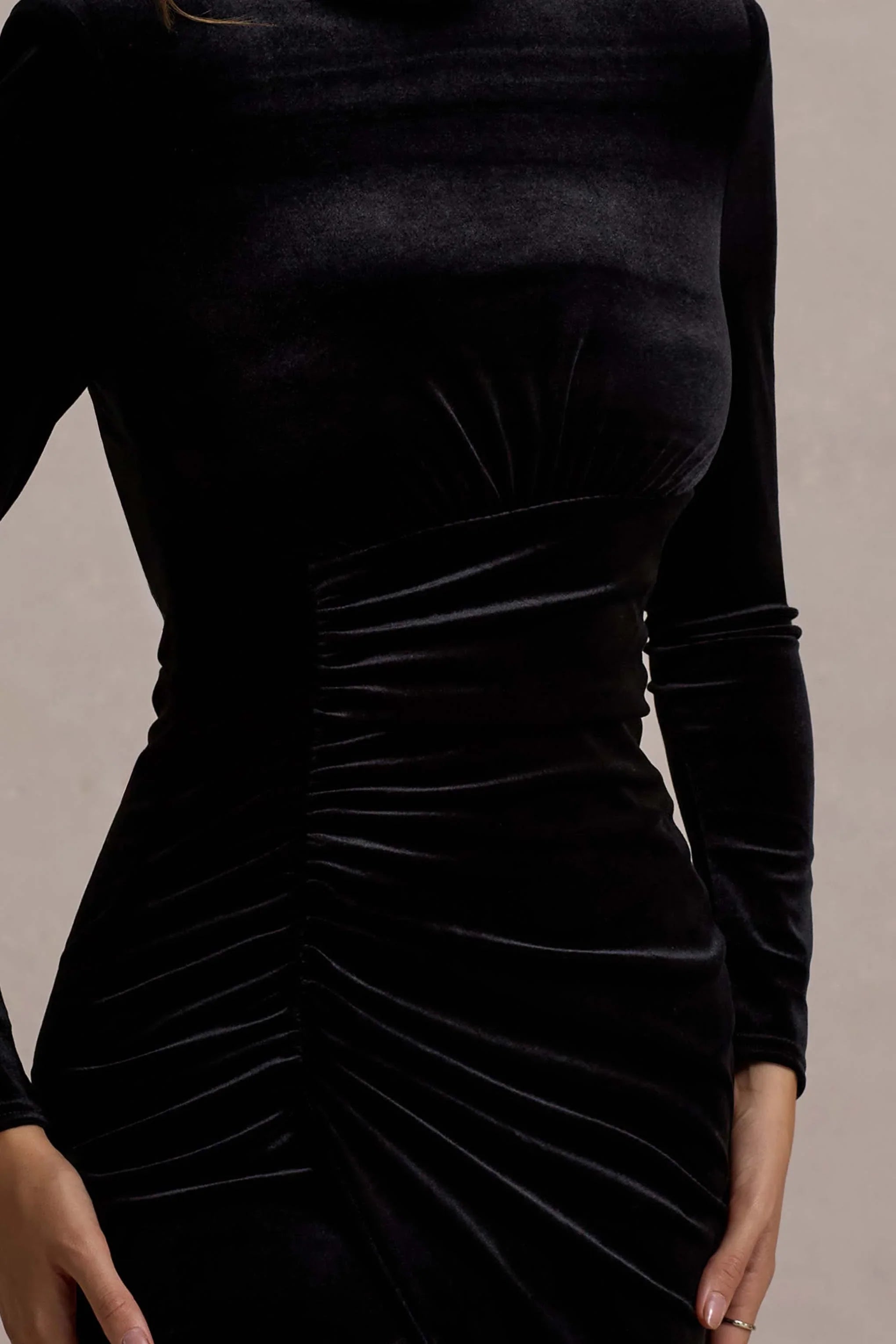 Jaz Black Velvet High Neck Gathered Split Maxi Dress