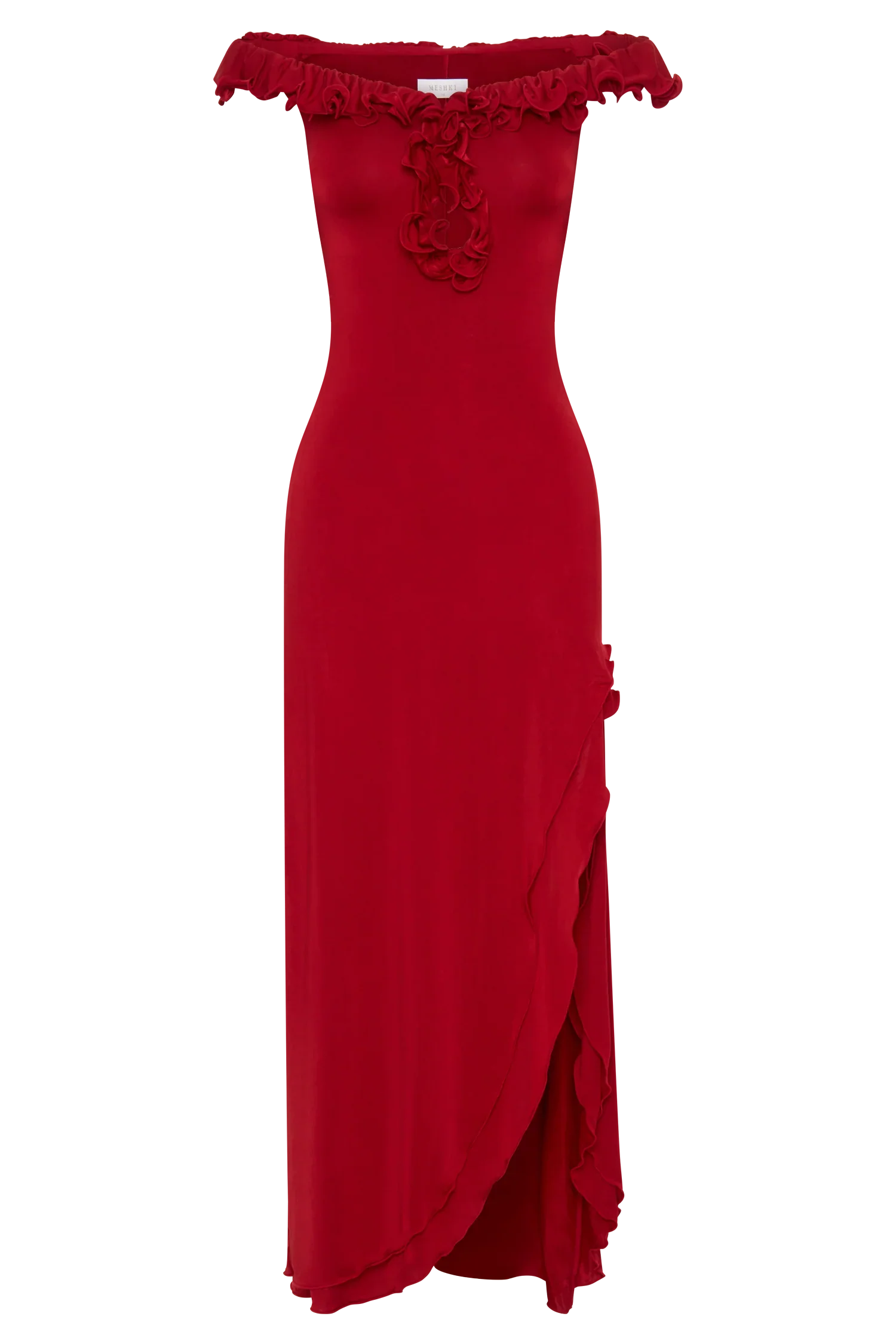 Allegra Off Shoulder Ruffle Midi Dress Ruby
