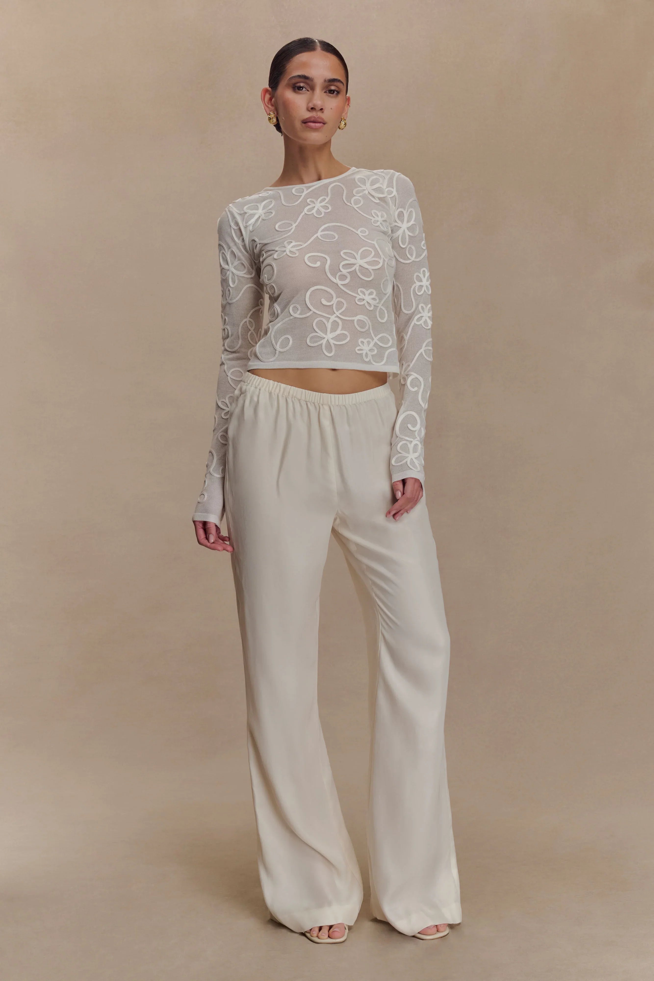 Omari Embroidery Long Sleeve Knit Top Ivory