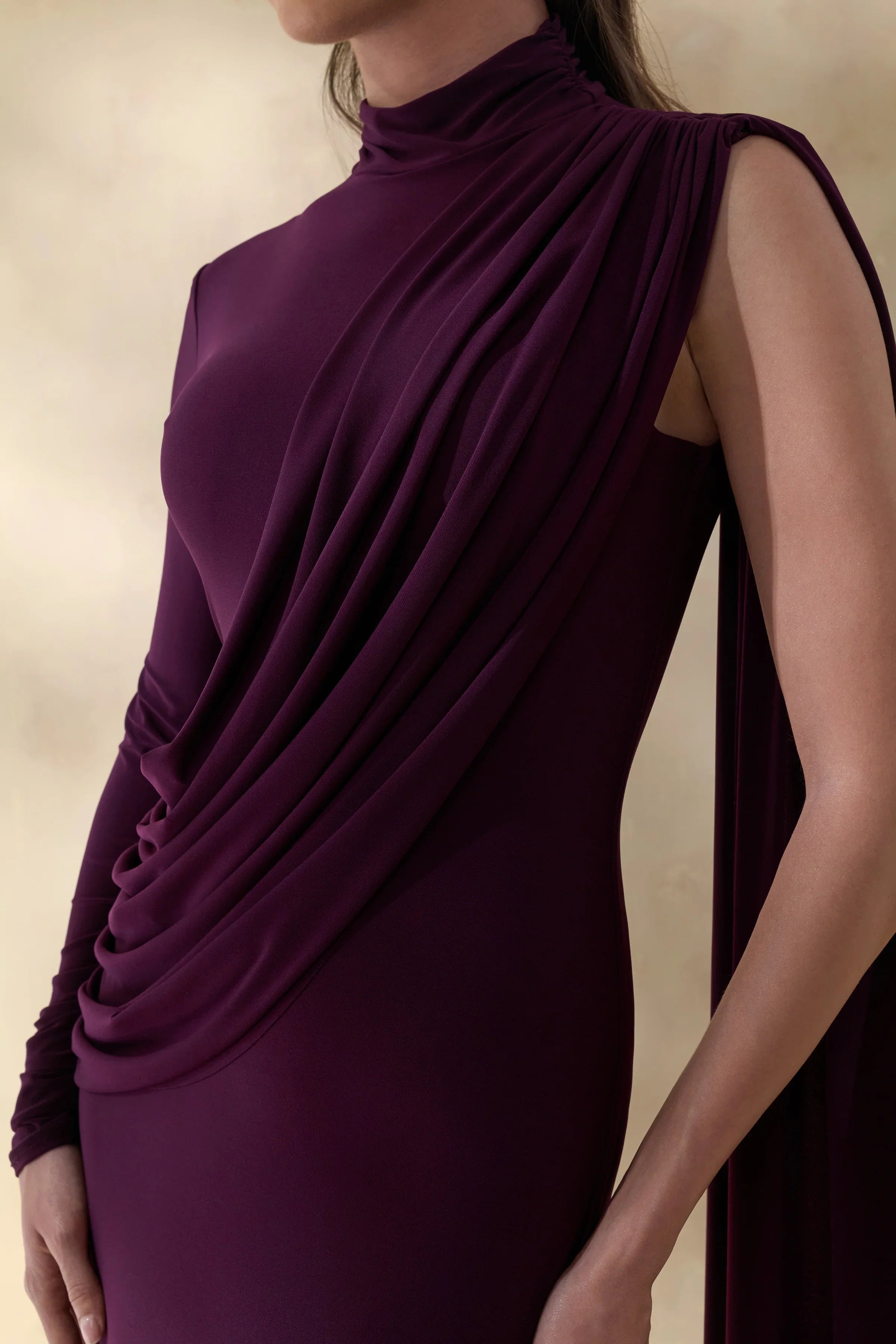 Oliria Dark Plum High Neck Maxi Dress With One Long Sleeve And Sash Detail