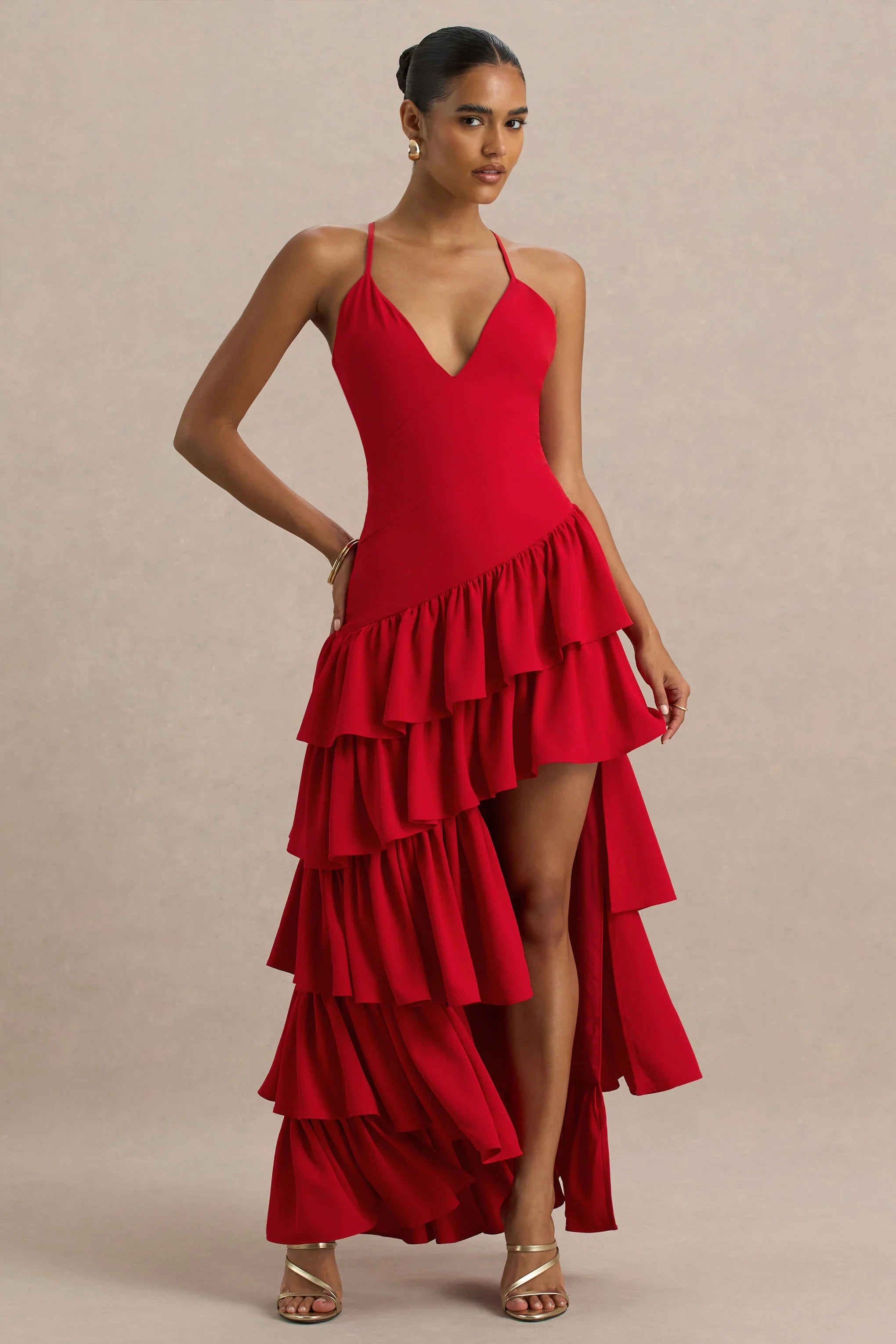 Bogota Red Plunge Neck Maxi Dress With Ruffling Details And Front High Split