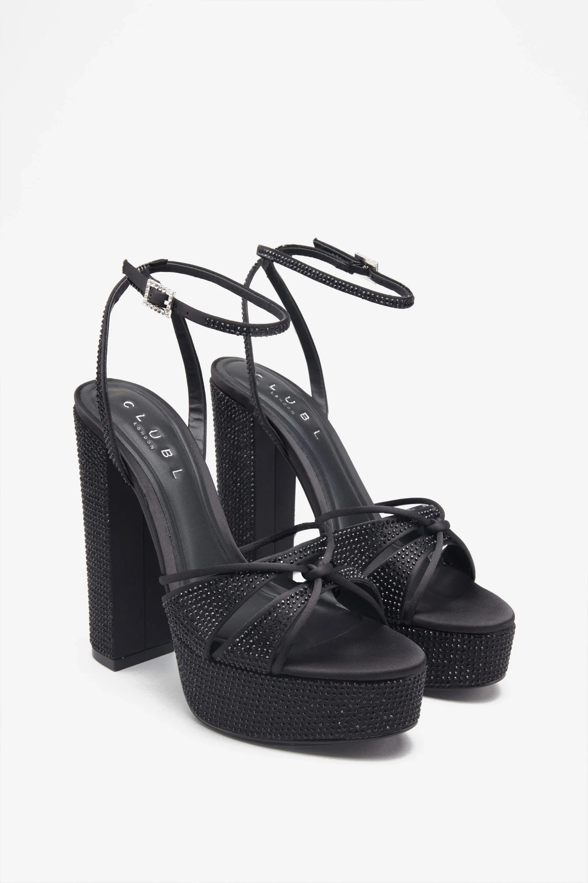 Crystal Cut Black Strappy Heeled Platform Sandals With Diamante Buckles