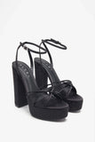 Crystal Cut Black Strappy Heeled Platform Sandals With Diamante Buckles