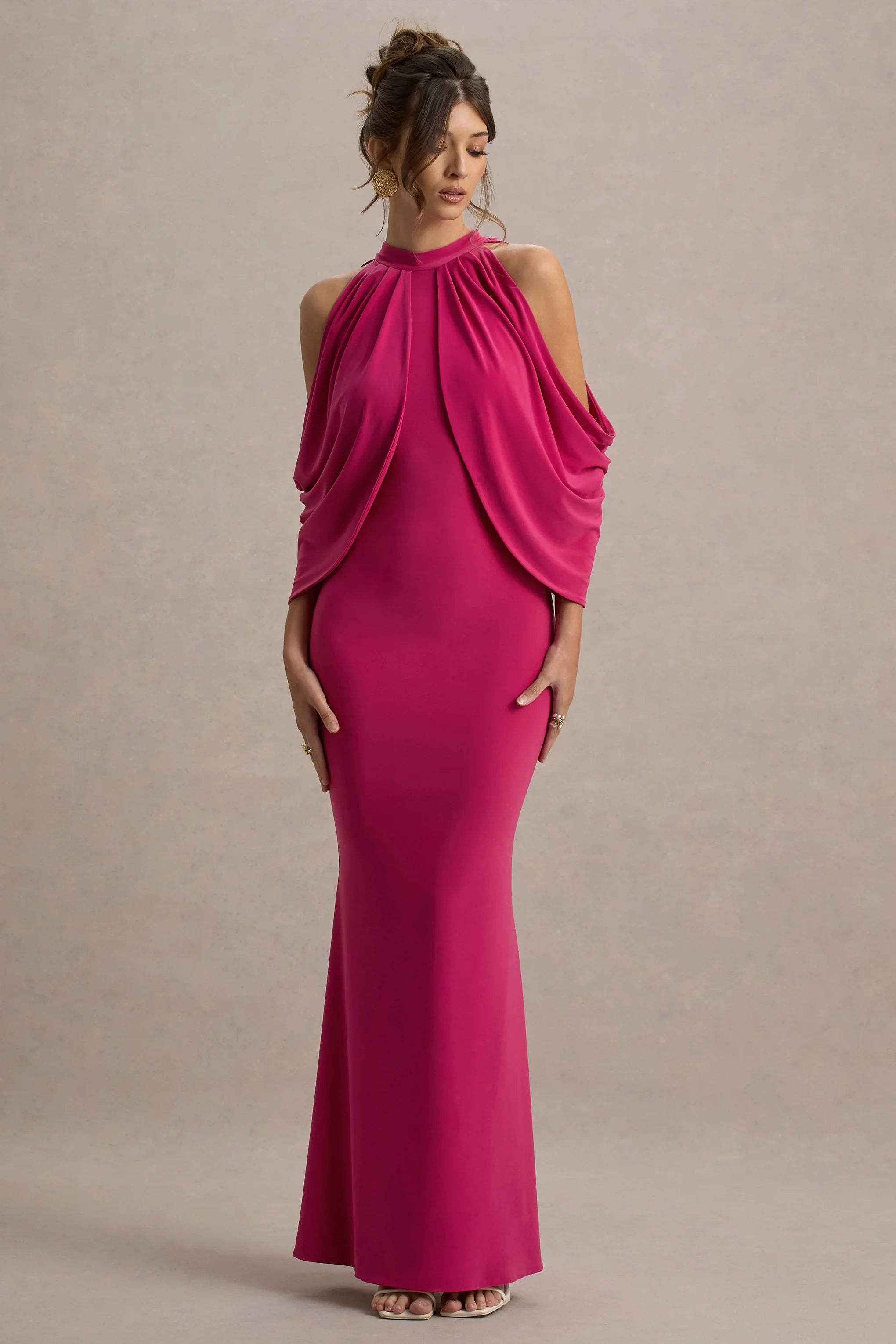 Teresa Hot Pink High Neck Cold Shoulder Maxi Dress