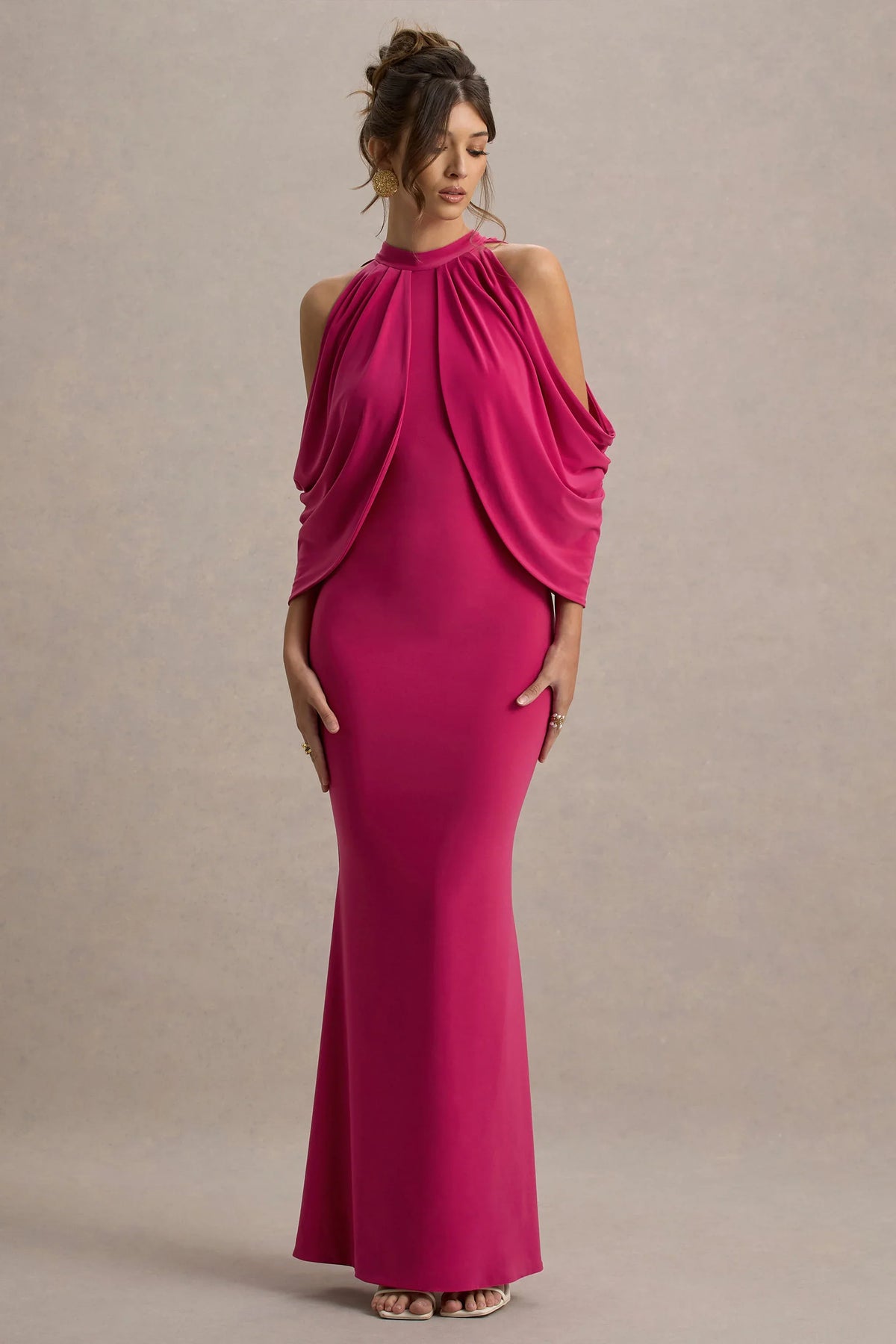 Teresa Hot Pink High Neck Cold Shoulder Maxi Dress