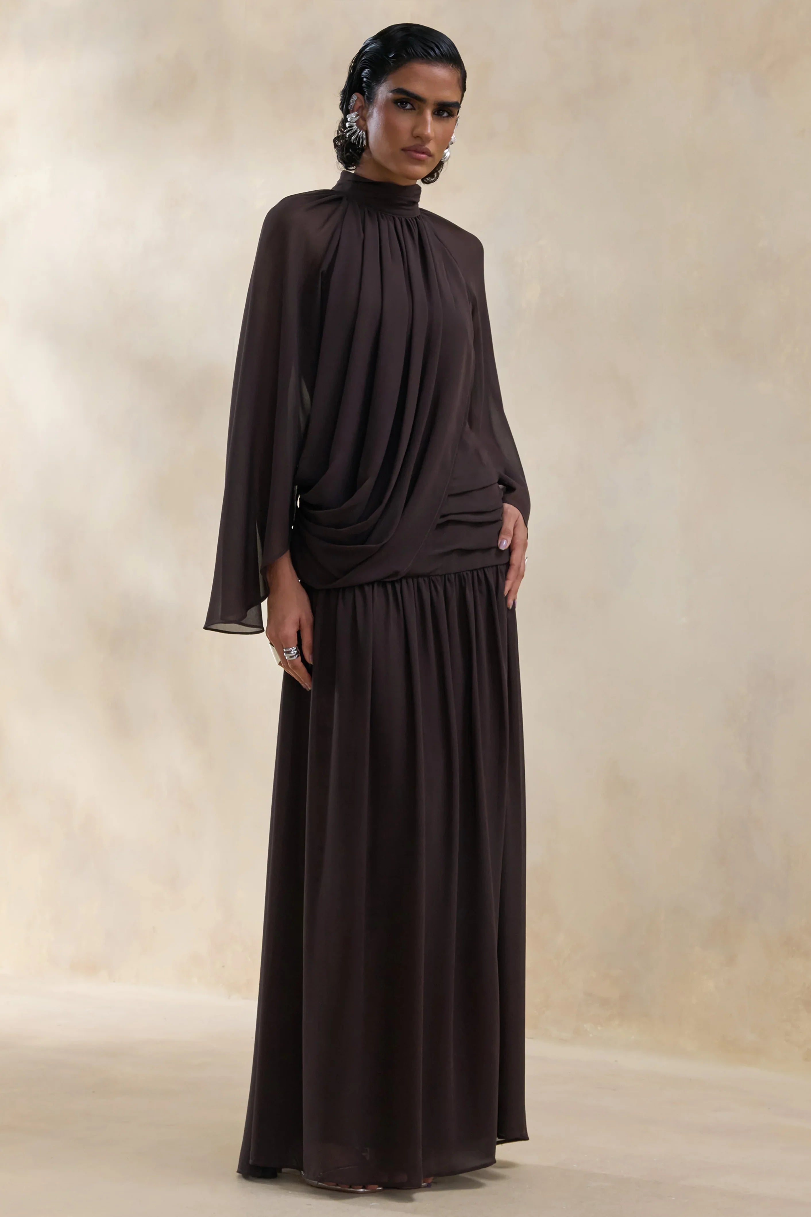 Narella Brown Chiffon High Neck Maxi Dress With Draped Detailing