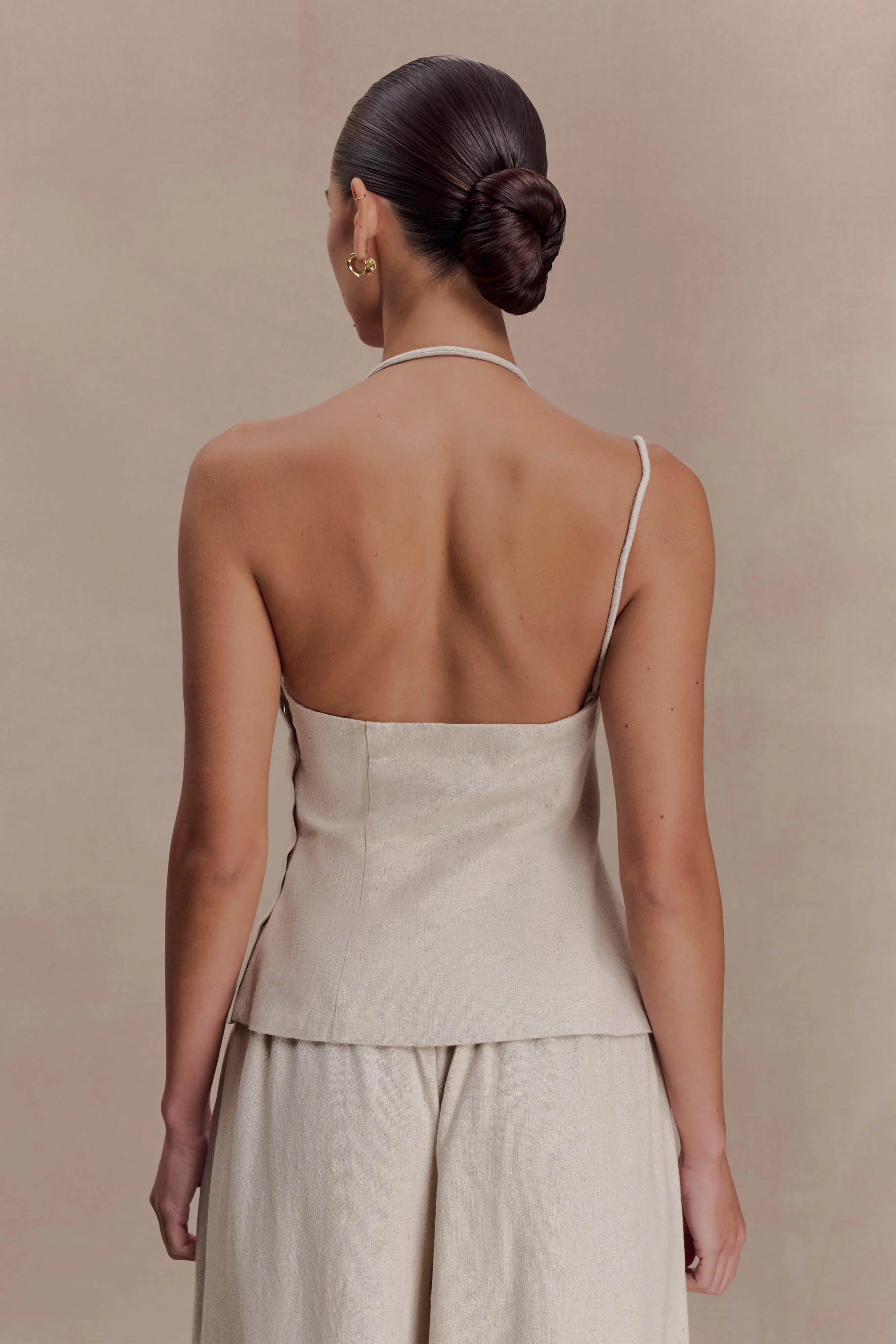 Gabby Asymmetrical Neckline Linen Beaded Top Natural