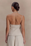 Gabby Asymmetrical Neckline Linen Beaded Top Natural