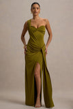 Erminia Olive Green One Shoulder Twist Wrap Maxi Dress