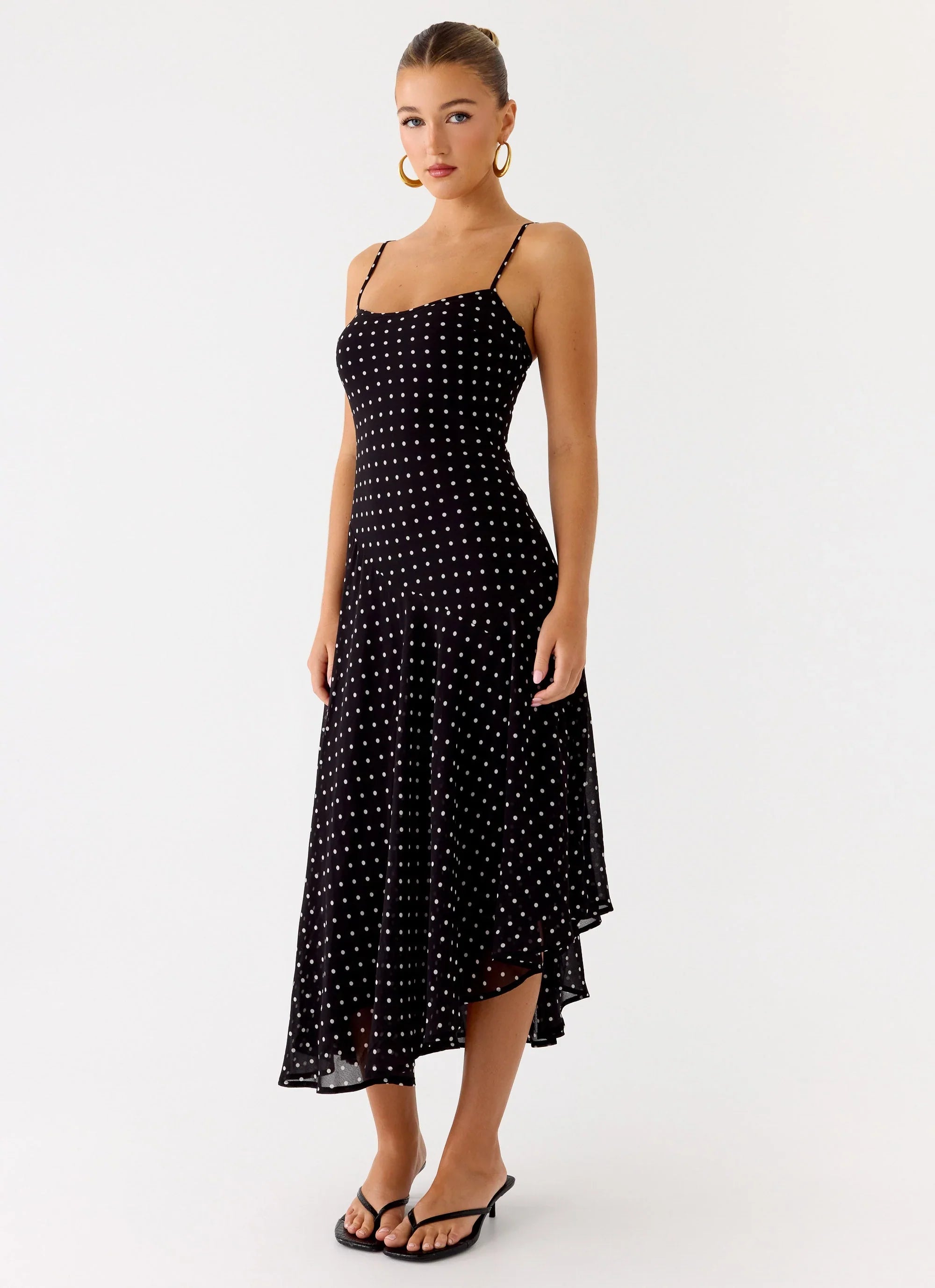 Keep You Waiting Midi Dress Black Polkadot