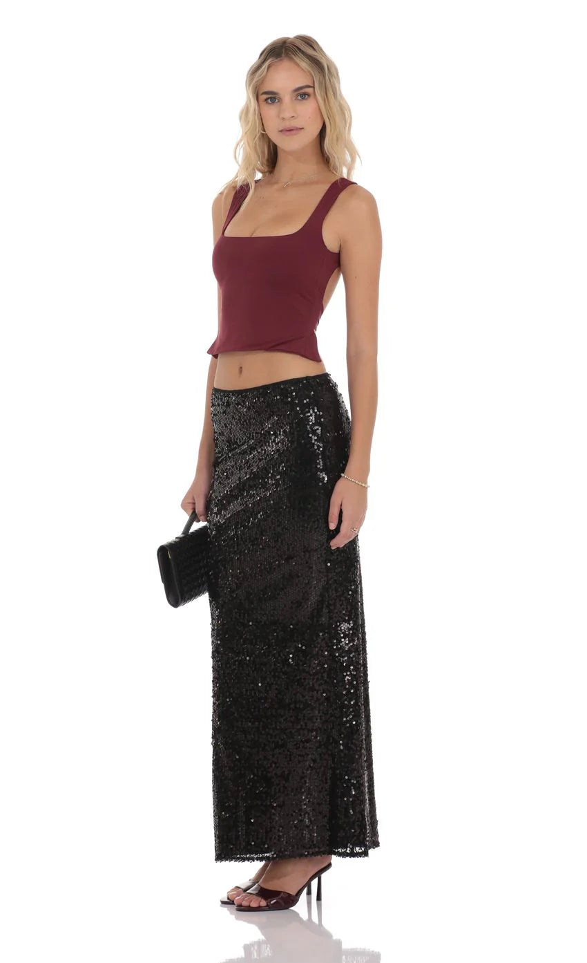 Sequin Maxi Skirt in Black