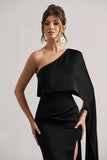 Amora Black Satin Asymmetric Cape Sleeve Split Maxi Dress