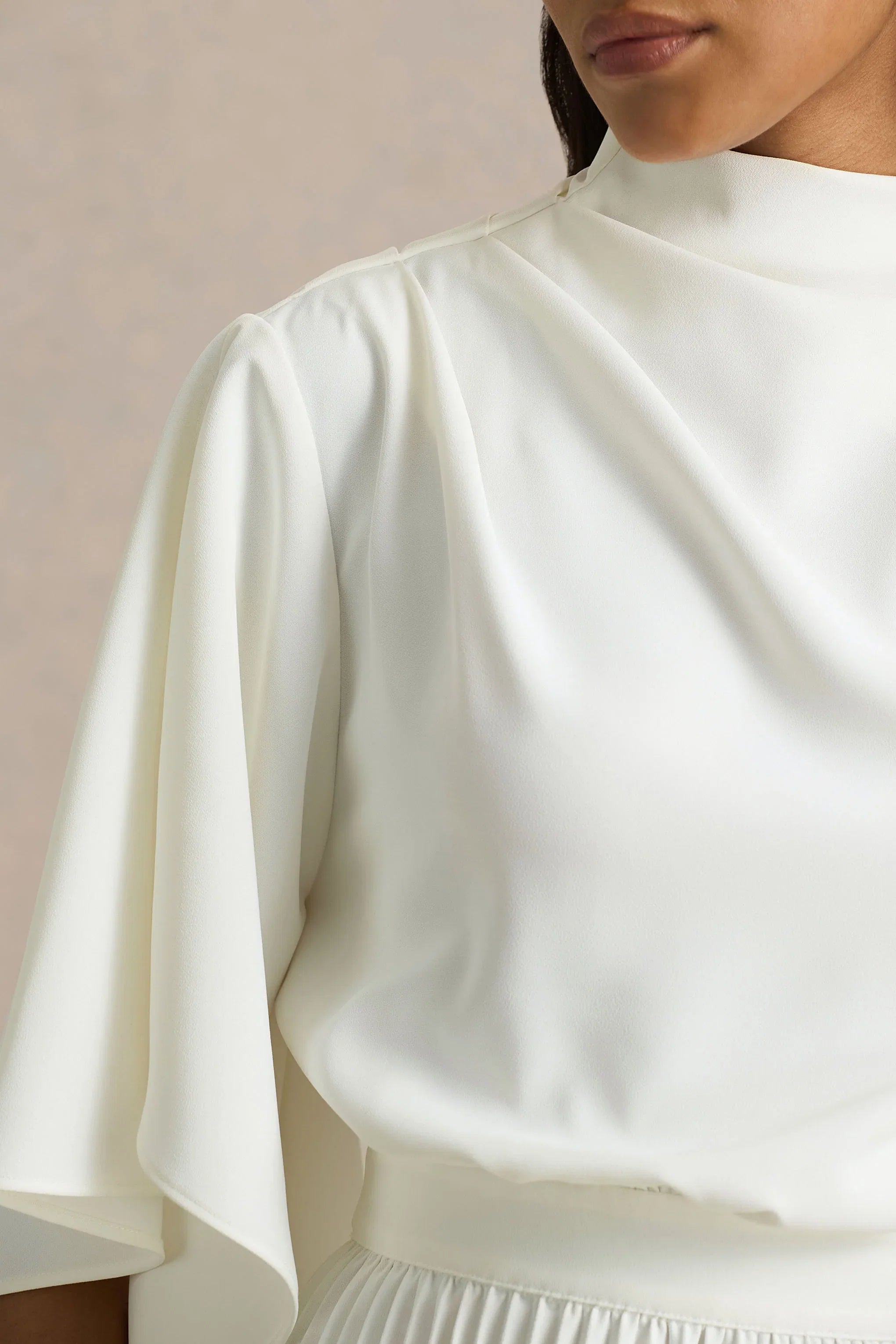 Jimena Cream High Neck Midi Dress With One Long Sleeve And Pleated Detailing