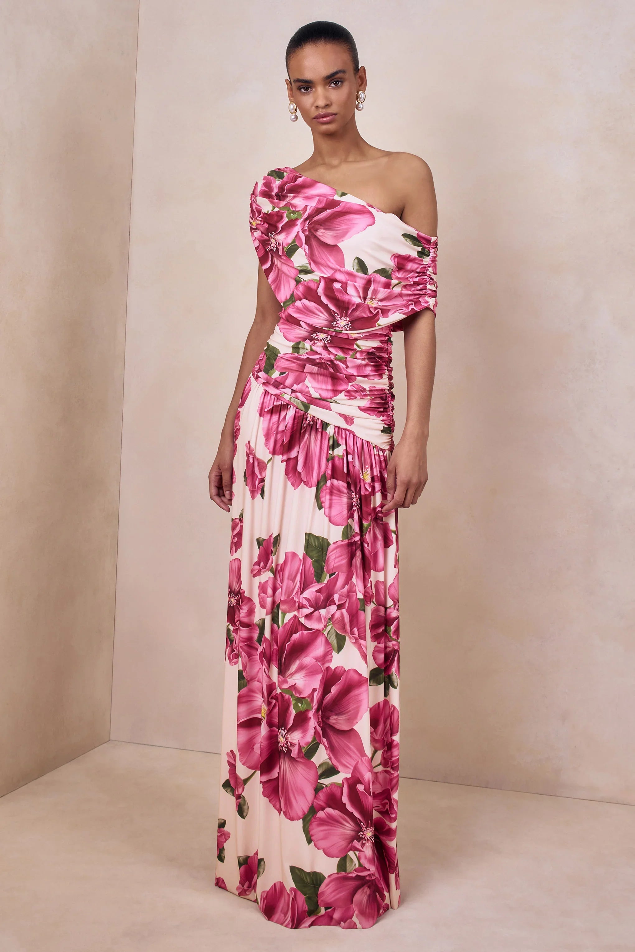 Emberly Pink Hibiscus Floral Print Asymmetric Neck Maxi Dress With Drop Waist