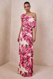 Emberly Pink Hibiscus Floral Print Asymmetric Neck Maxi Dress With Drop Waist