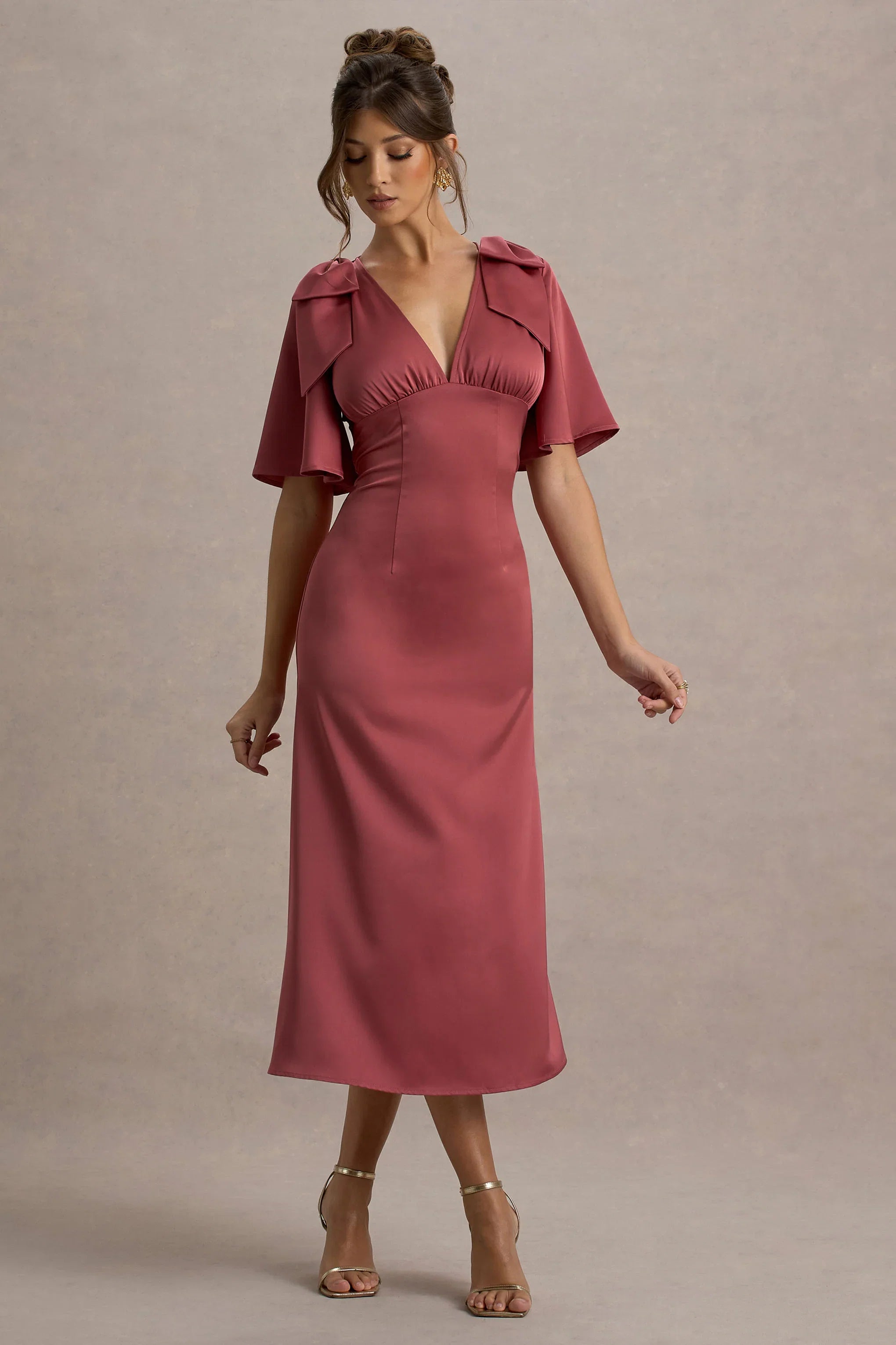 Danna Rose Pink Satin V Neck Short Sleeve Midi Dress