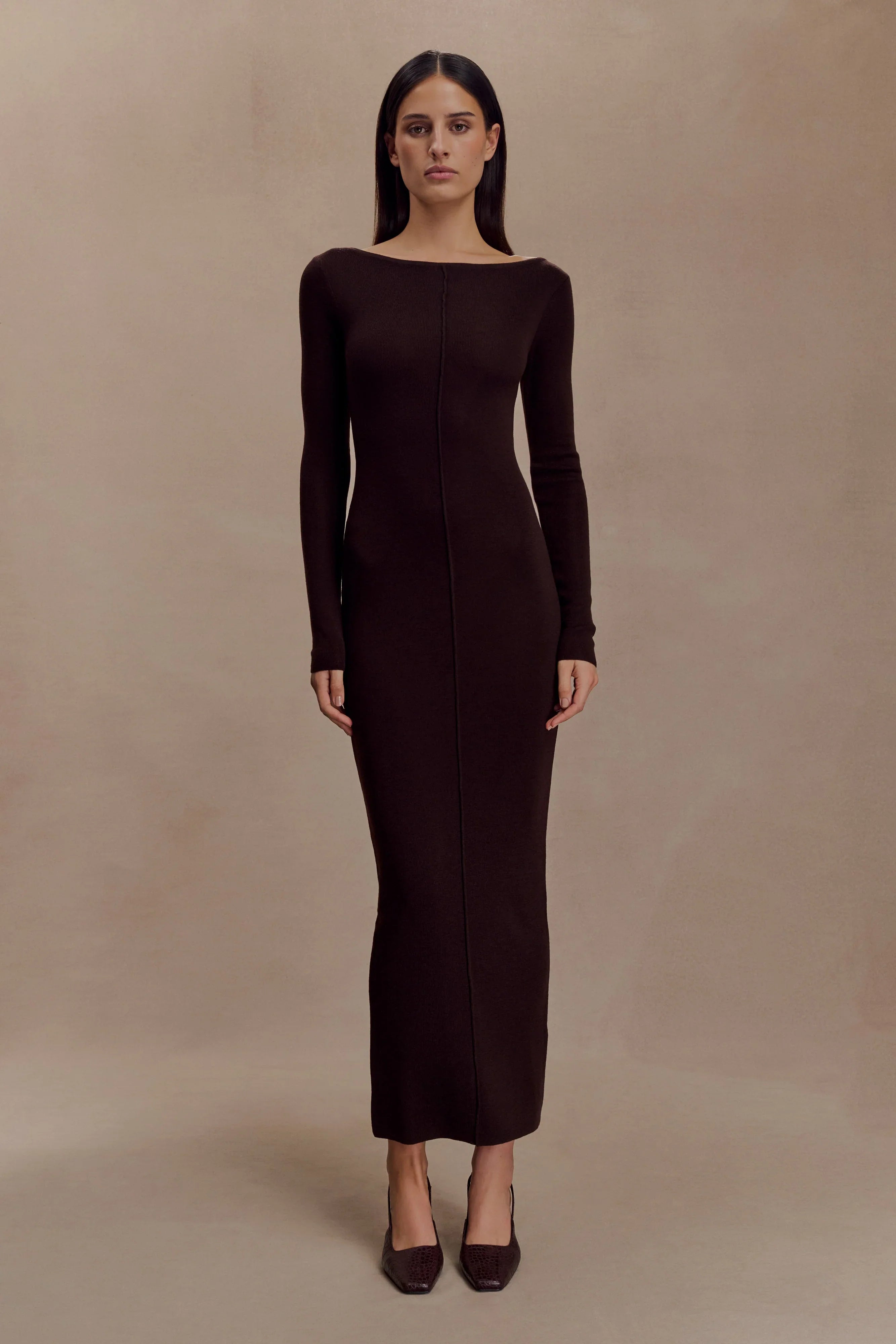 Cleona Merino Wool Ribbed Long Sleeve Maxi Dress Deep Chocolate