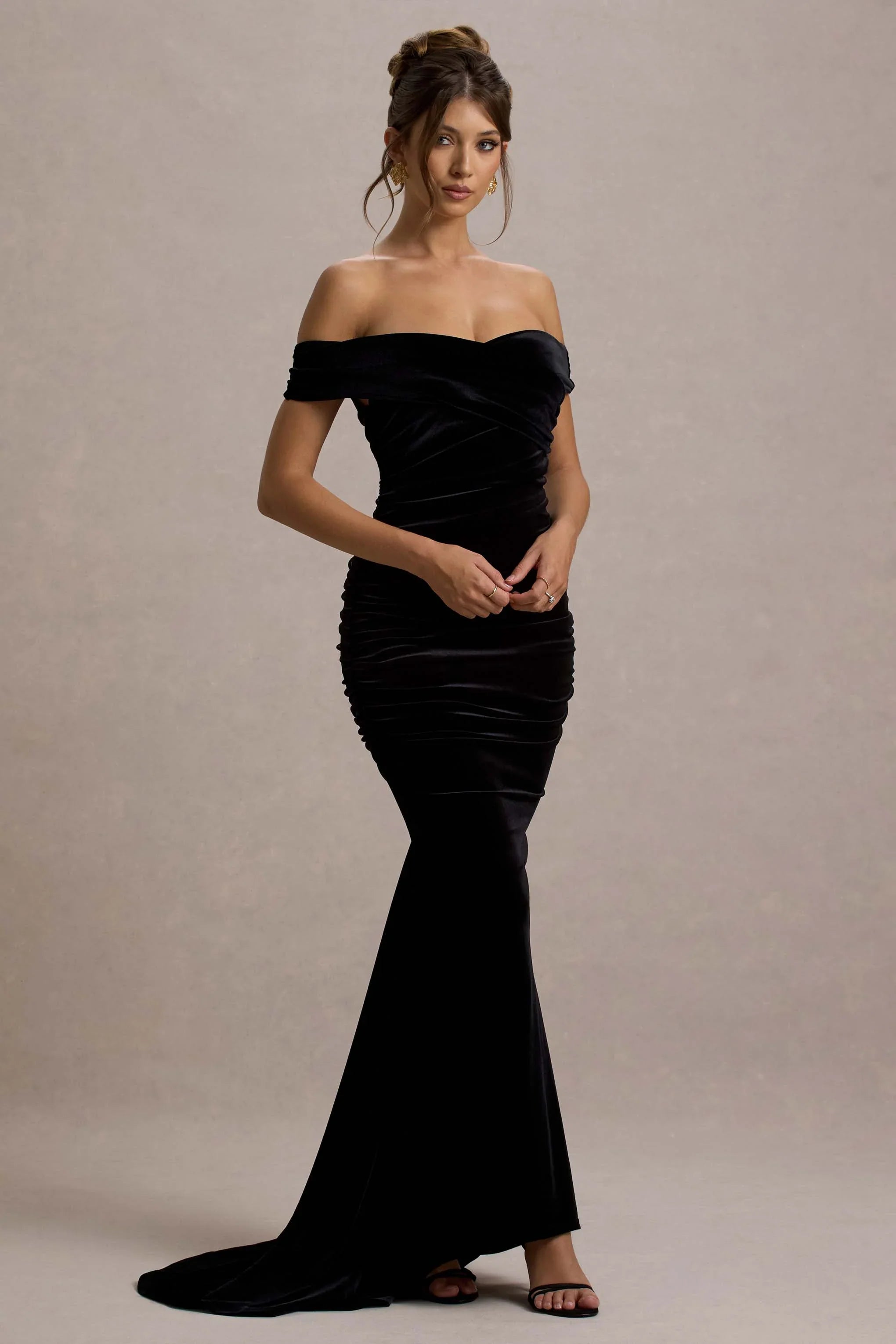 Apolline Black Velvet Off The Shoulder Ruched Fishtail Maxi Dress