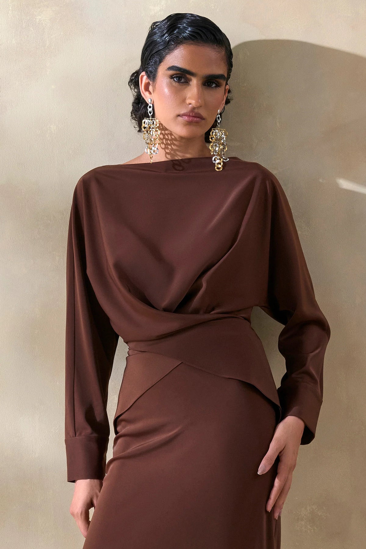 Miravia Brown Satin Wide Neck Long Sleeve Top