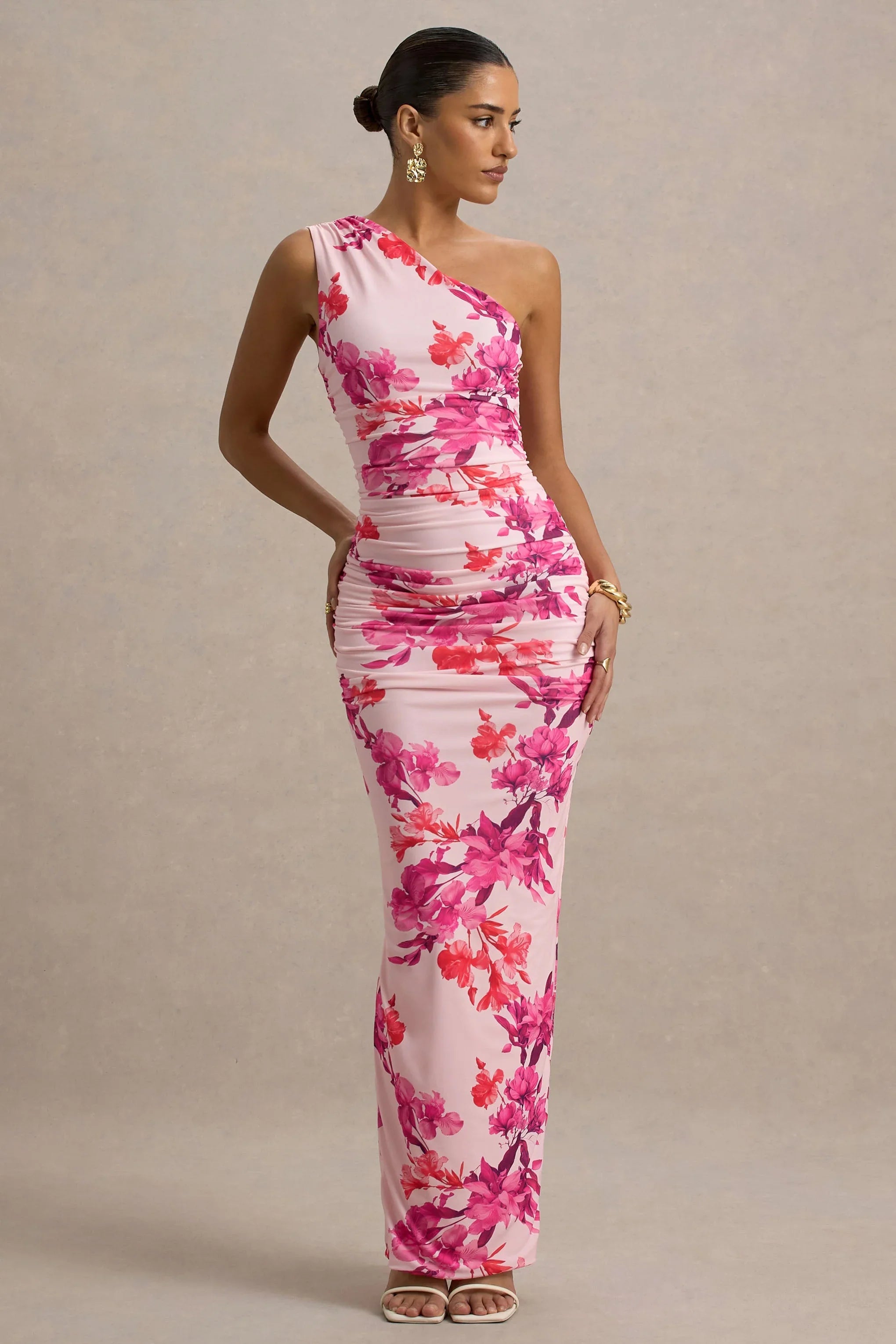 Dalarie Pink and Orange Floral Print One Shoulder Gathered Maxi Dress