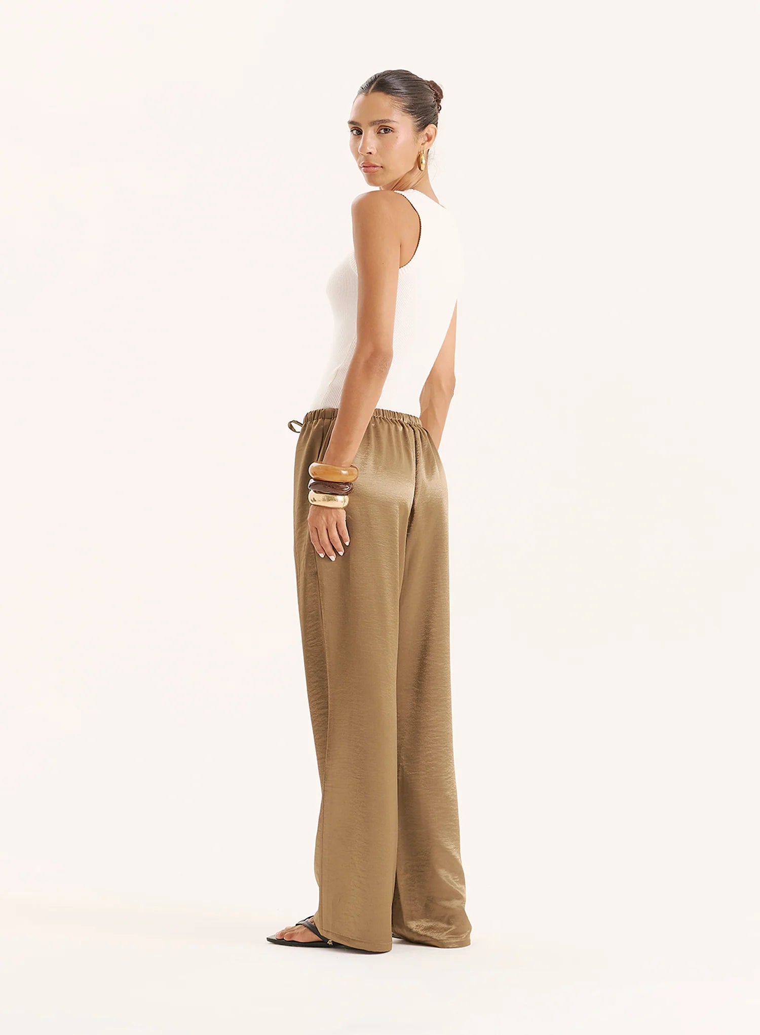 Mocha Satin Tie Waist Wide Leg Trouser