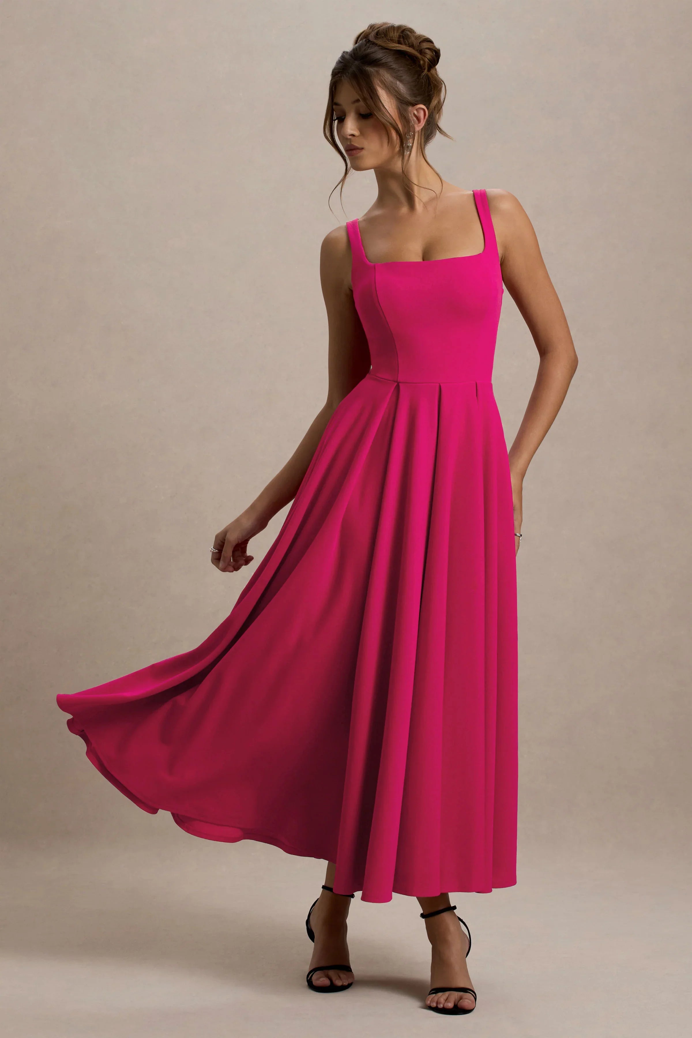 Parina Hot Pink Strappy Volume Hem Midi Dress