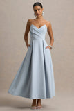 Reigning Beauty Powder Blue Sweetheart Midi Dress With Volume Hem