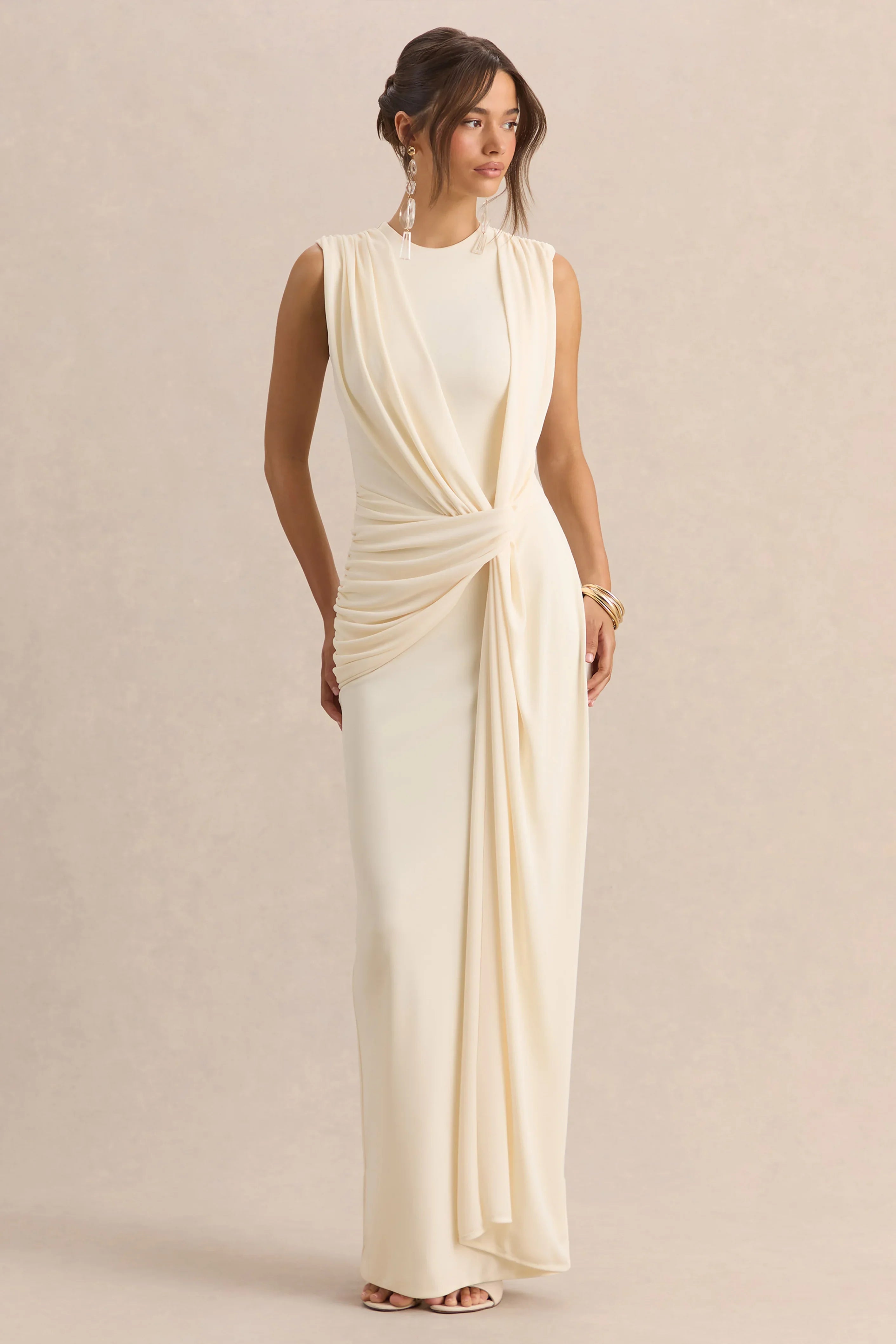 Blythia Cream Round Neck Maxi Dress With Gathered Detailing