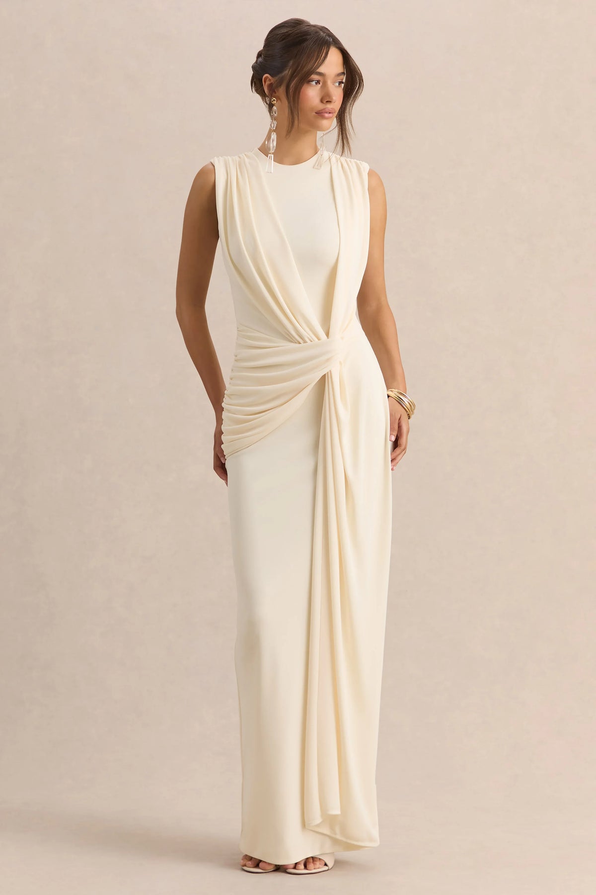 Blythia Cream Round Neck Maxi Dress With Gathered Detailing