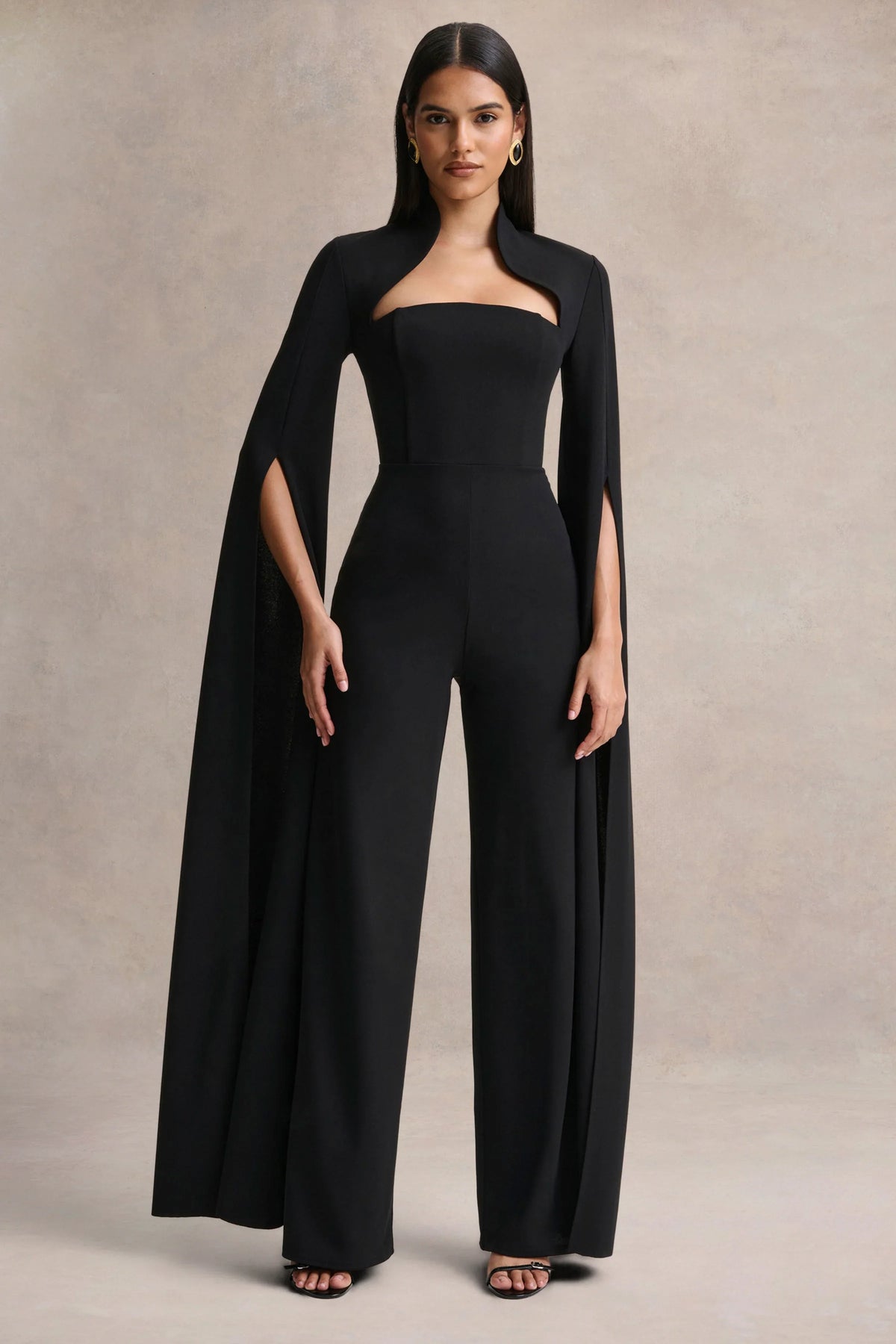 Elisabetta Black Square Neck Jumpsuit With Cape Sleeves