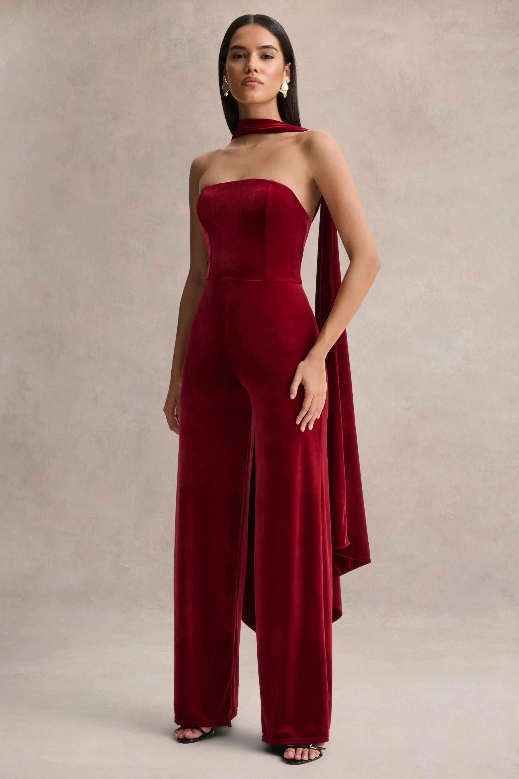 Arcane Burgundy Velvet Bandeau Jumpsuit With Scarf