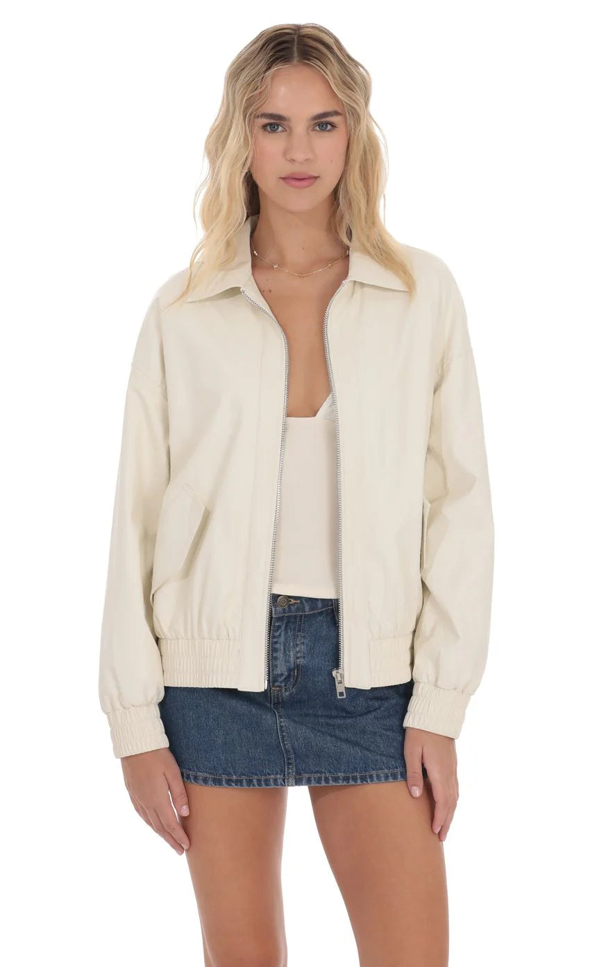 Woven Faux Leather Bomber Jacket in Ivory