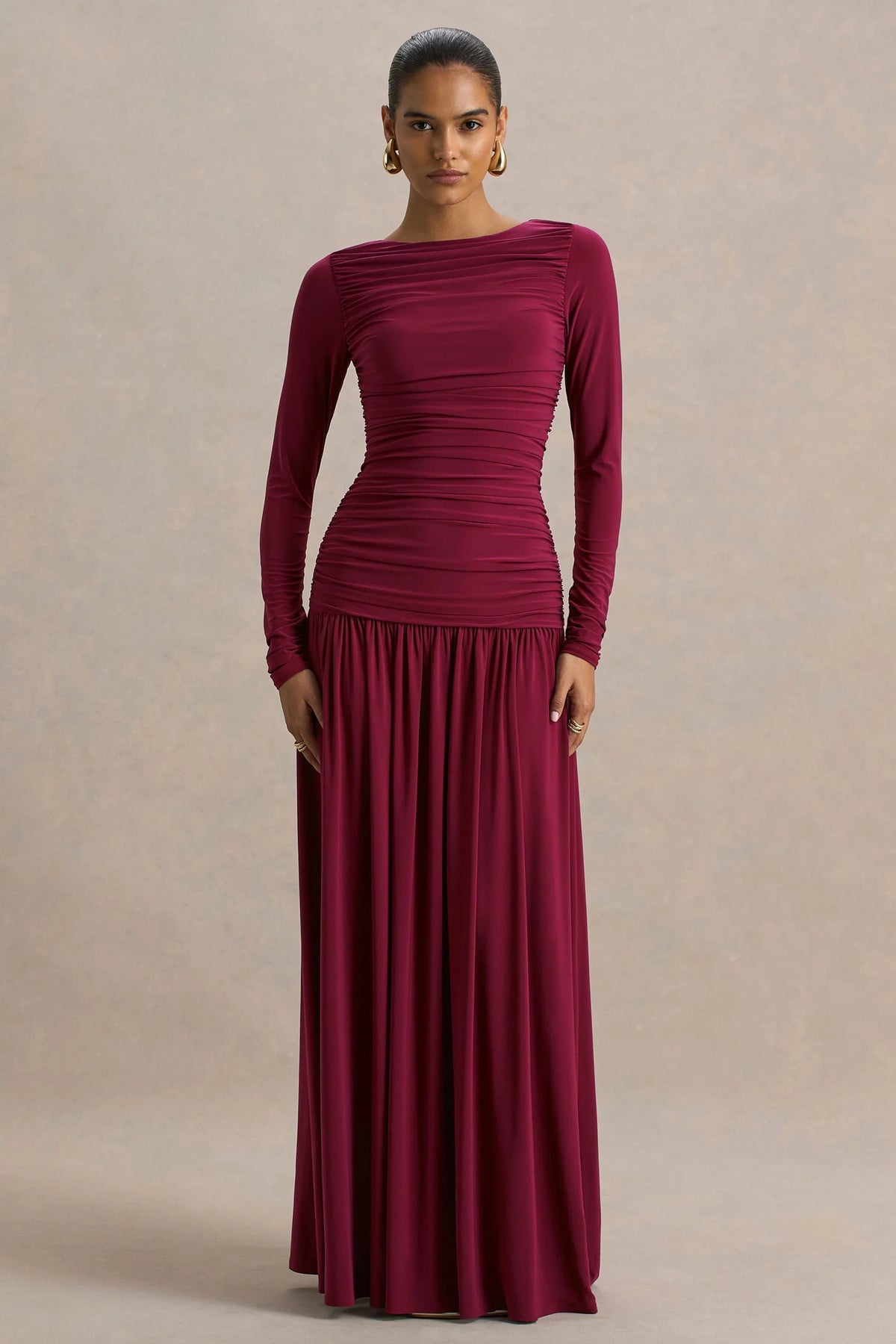 Aniyah Burgundy Slashed Neck Maxi Dress With Ruched Detailing