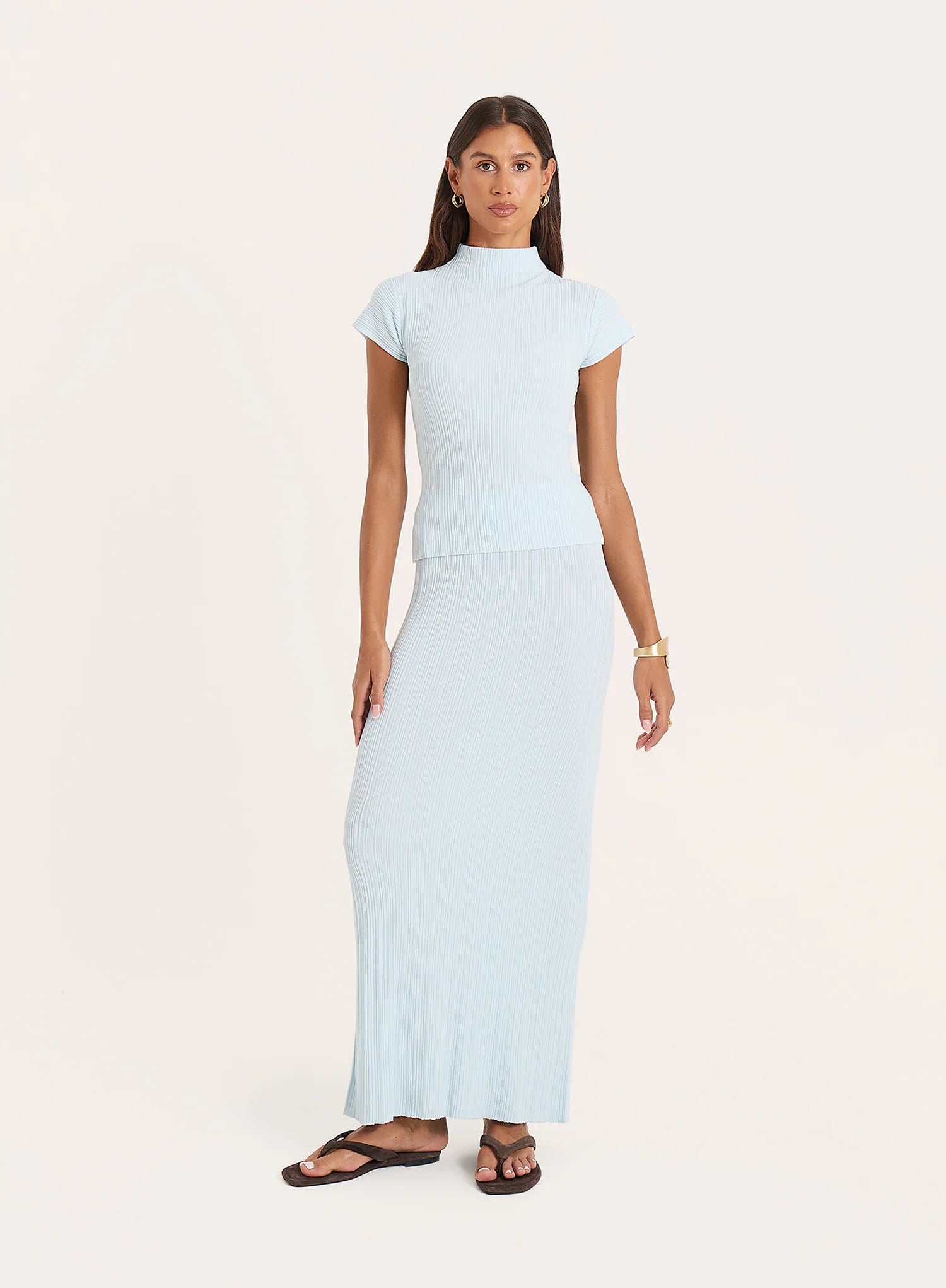 Blue Textured Fine Knit High Neck Top