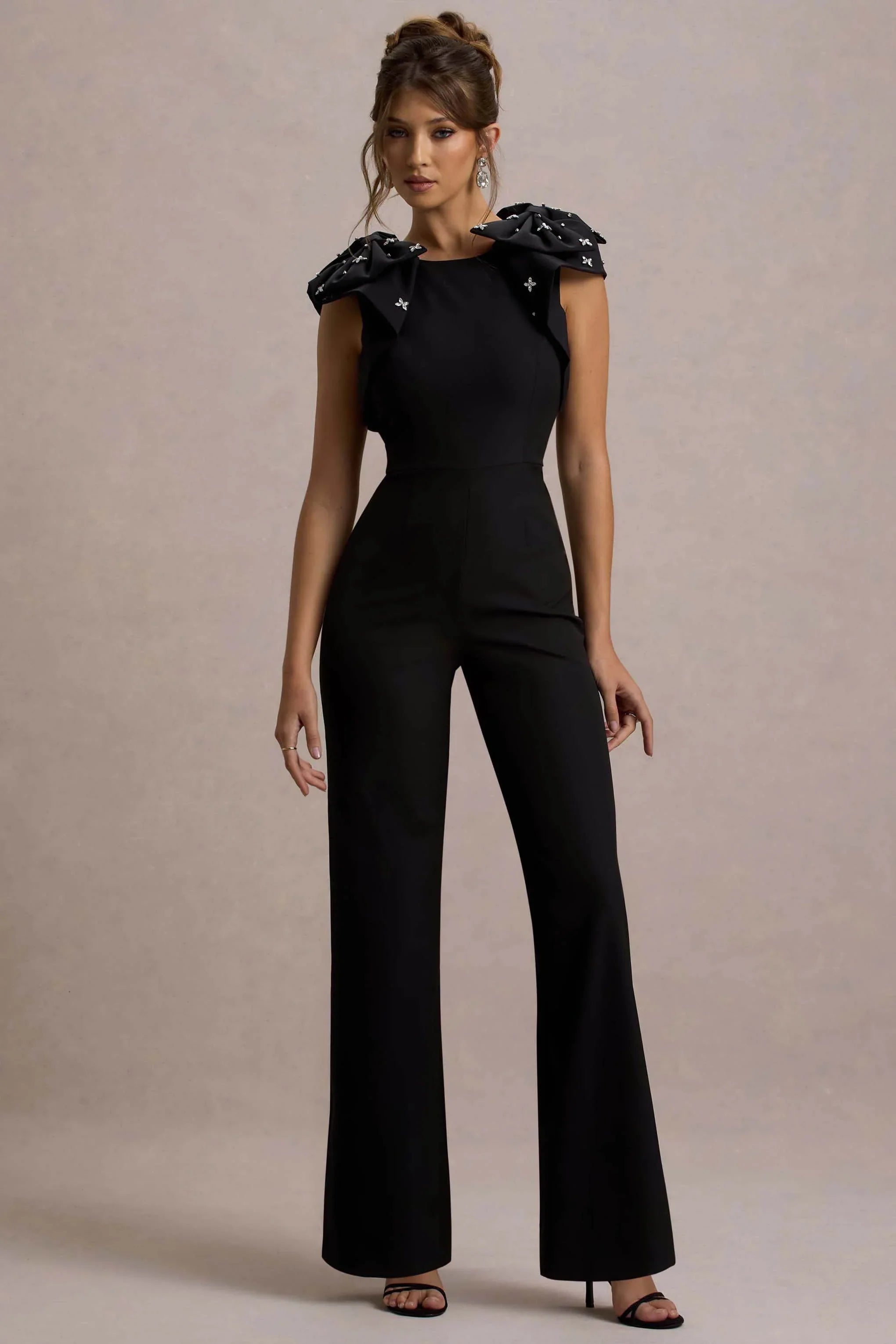 Elma Black Straight Leg Jumpsuit With Embellished Bows