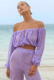 Fabienne Lilac Broidery Bardot Puff Sleeve Top