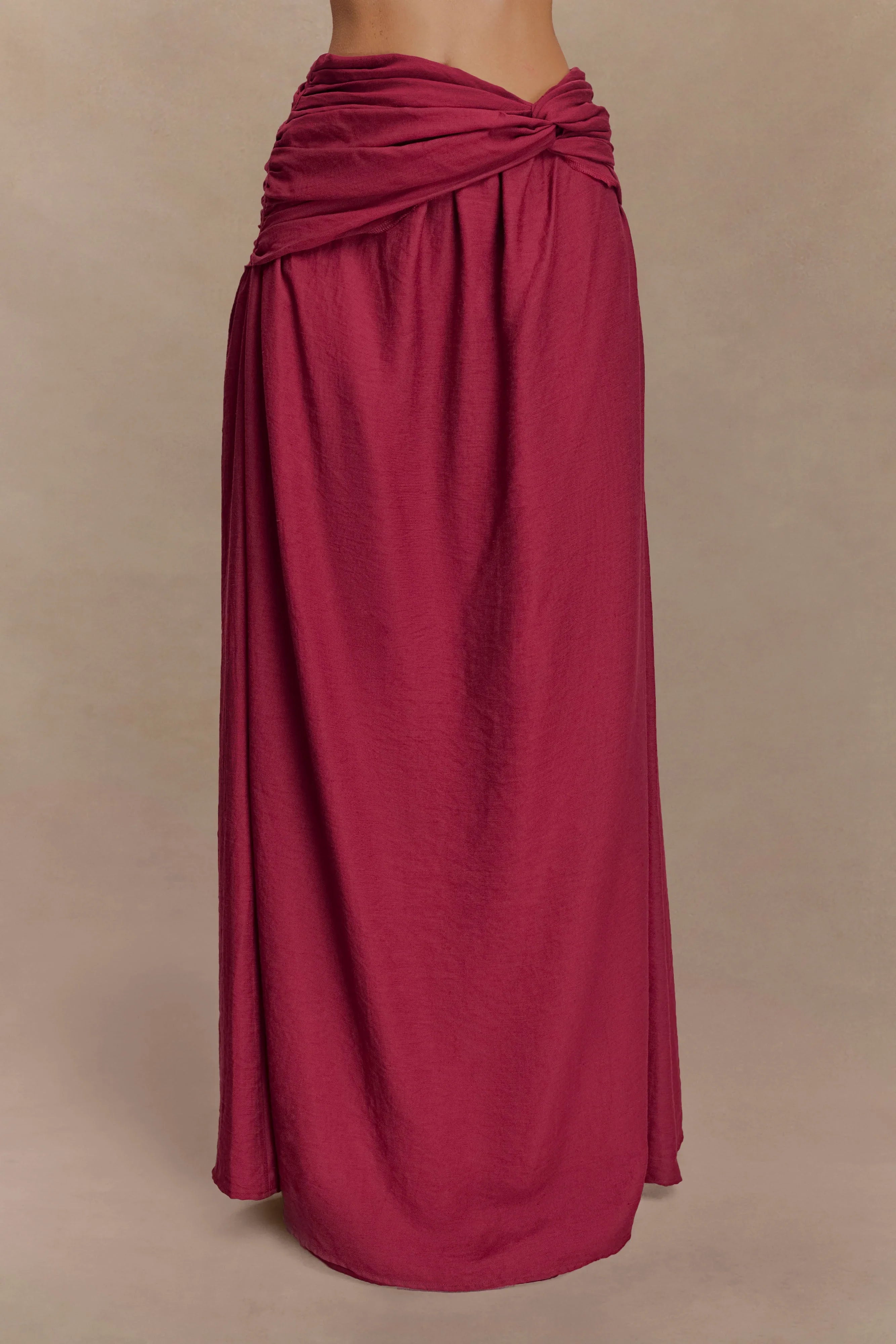 Scottie Gathered Linen Knot Maxi Skirt Wine