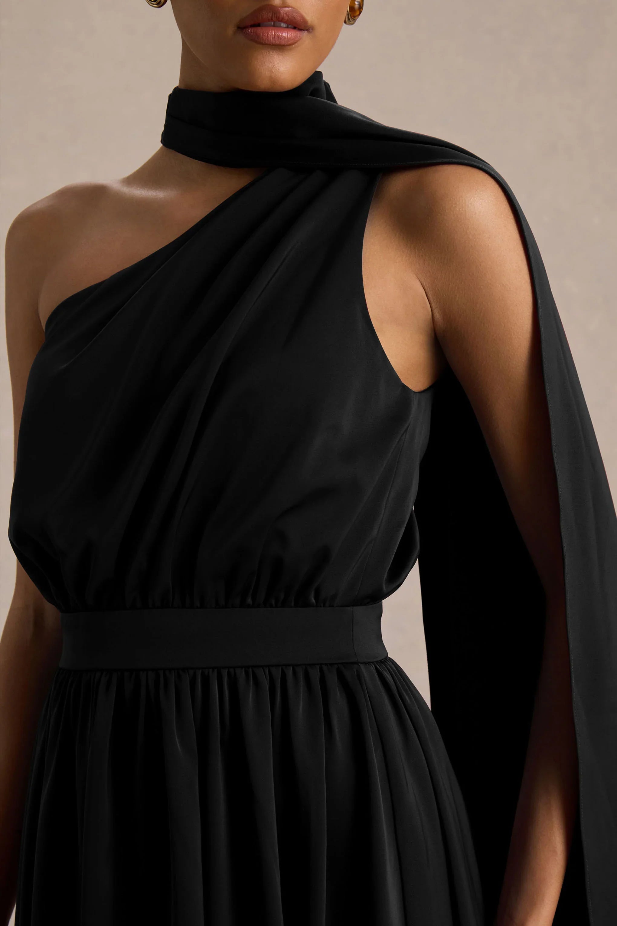 Caluna Black Satin Asymmetric Neck Midi Dress With Scarf Detail