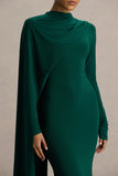 Always Bottle Green High Neck Maxi Dress With Cape Sleeve Detail