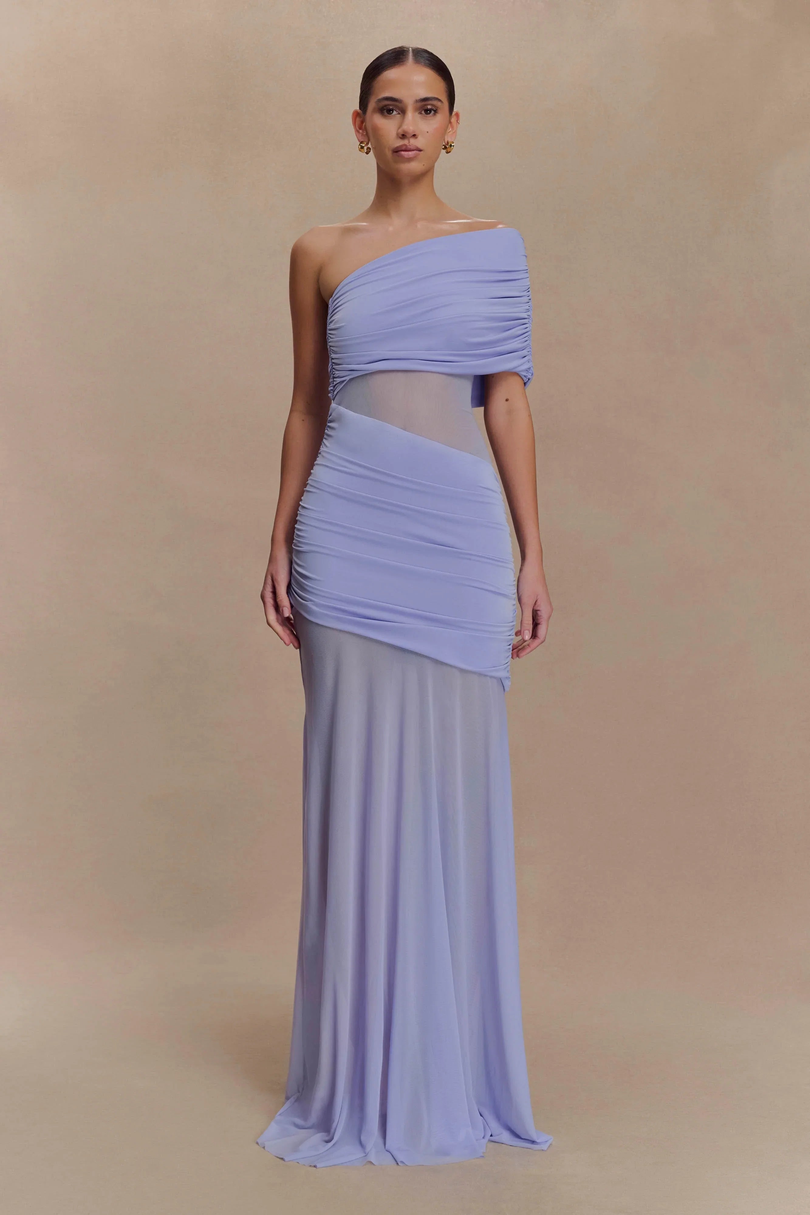 Dallas One Shoulder Mesh Maxi Dress Lavender