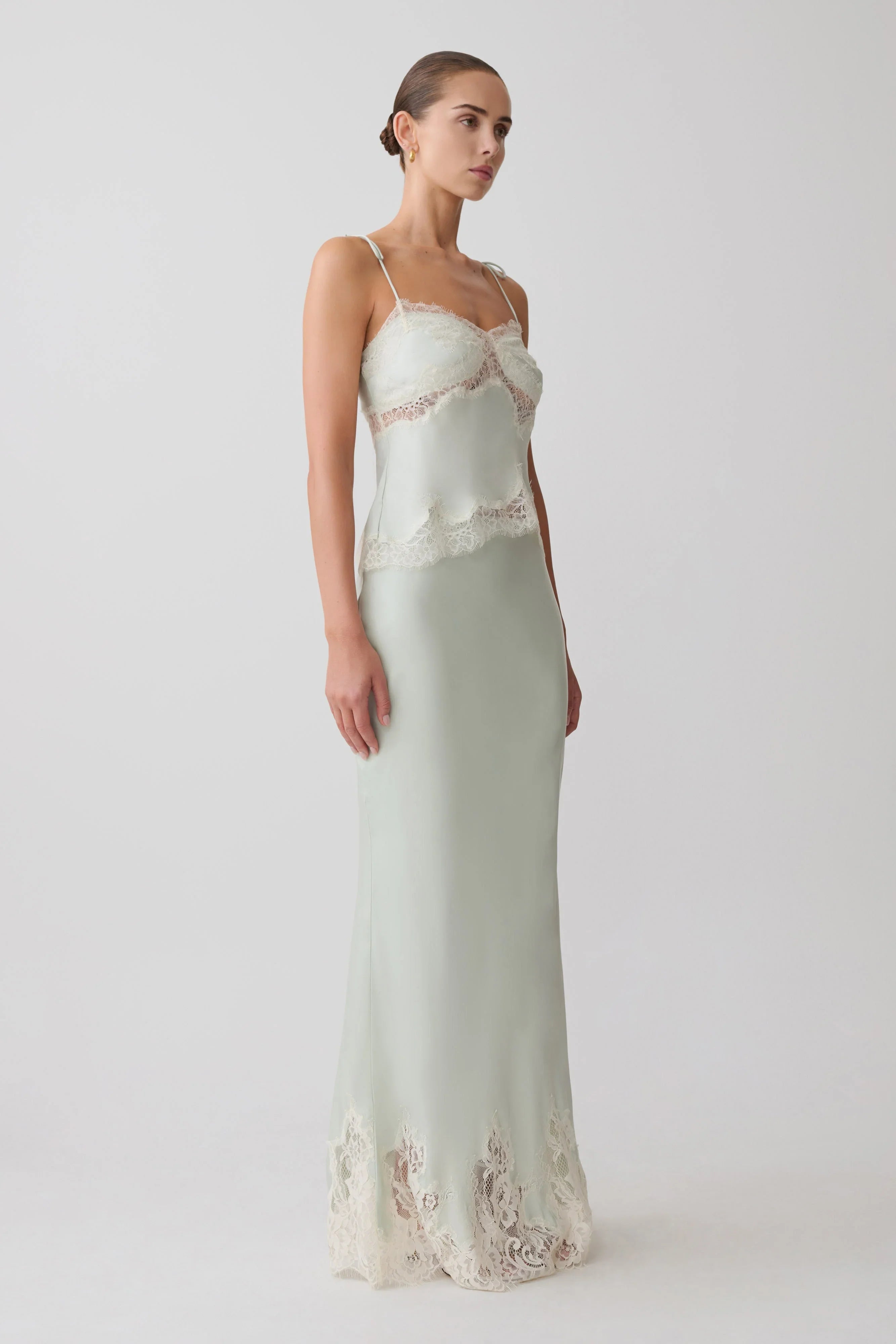 Nina Satin And Lace Maxi Skirt Sage