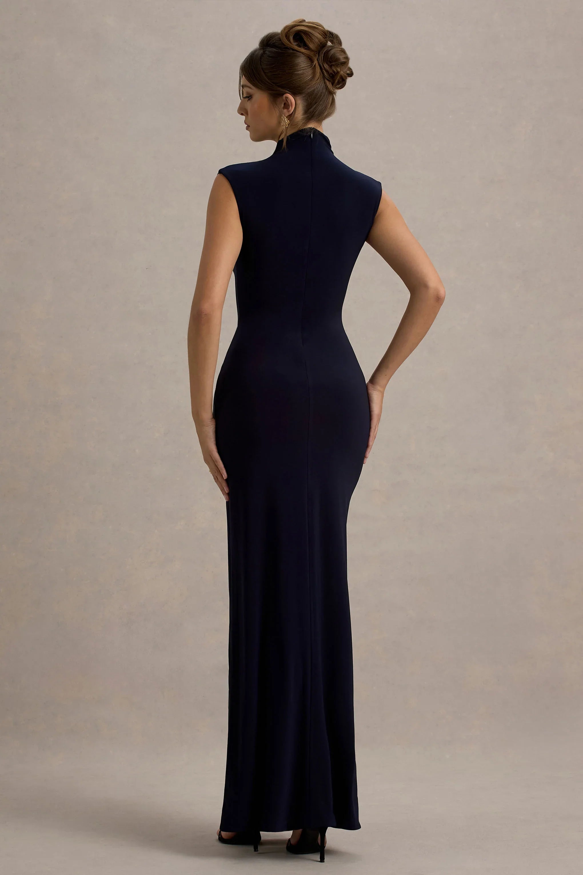 Lanetta Navy Ruched High Neck Maxi Dress With Split
